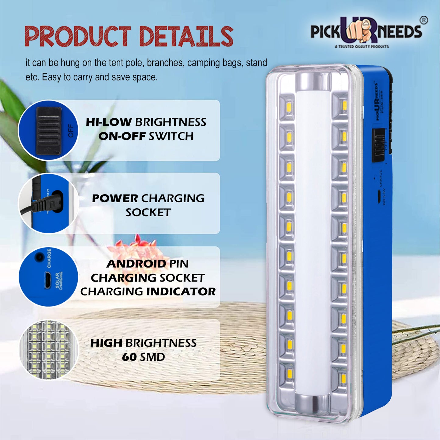 Pick Ur Needs Rechargeable High Quality 60 LED TUBE+SMD High-Bright LED 7 hrs Emergency Light