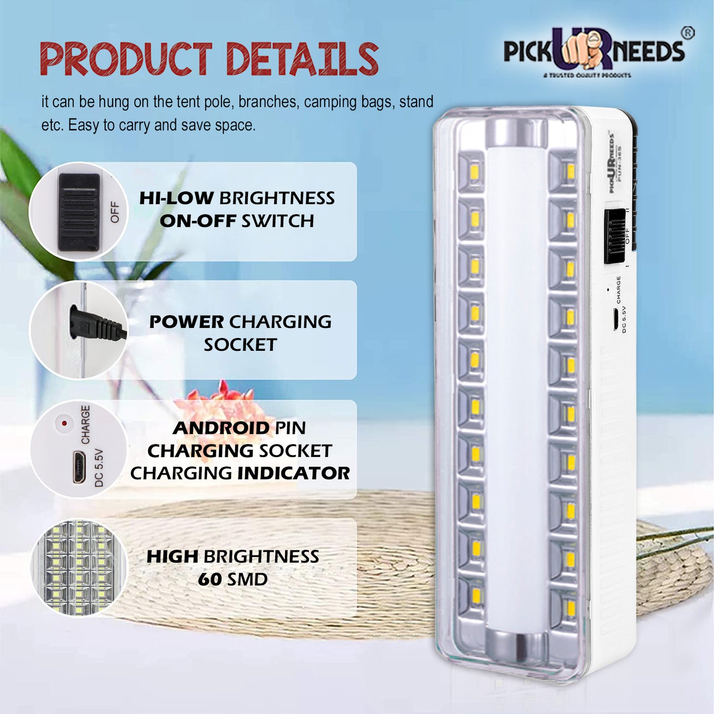 Pick Ur Needs Rechargeable High Quality 60 LED TUBE+SMD High-Bright LED 7 hrs Emergency Light