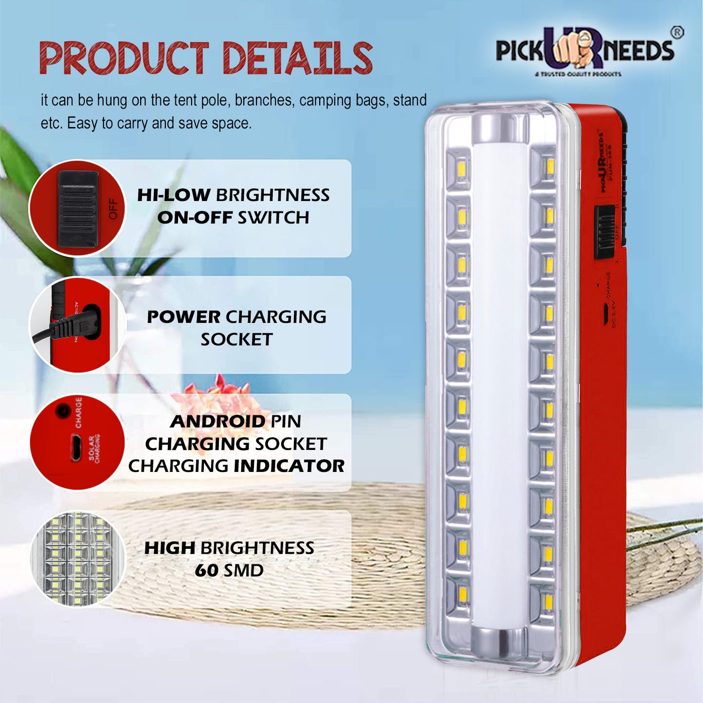 Pick Ur Needs Rechargeable High Quality 60 LED TUBE+SMD High-Bright LED 7 hrs Emergency Light
