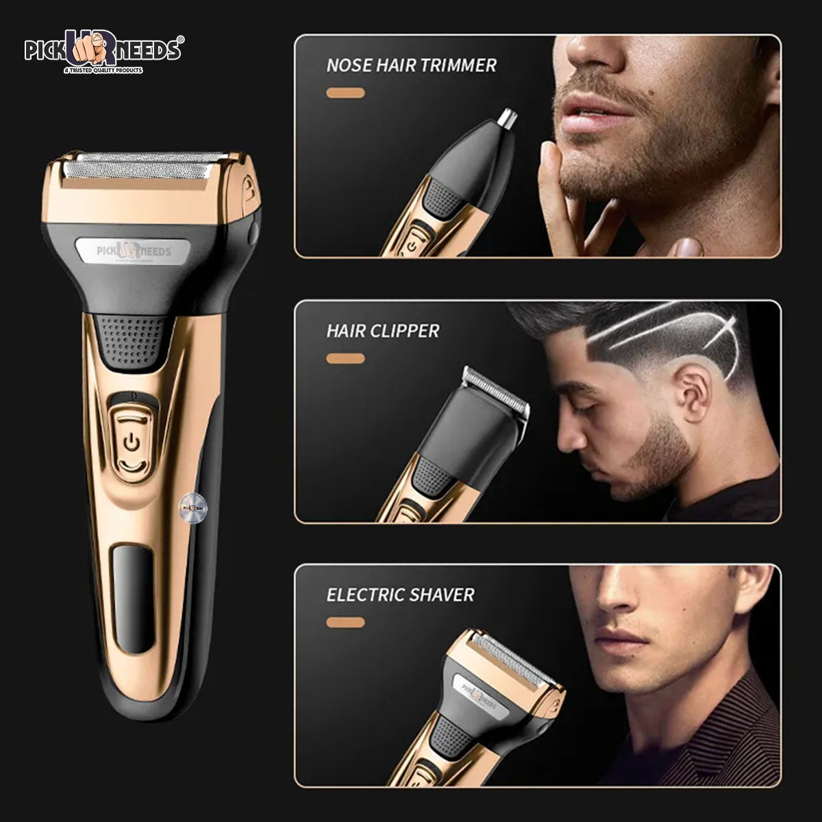 Pick Ur Needs Rechargeable Wireless Electric Shaver Beard Nose Hair Trimmer Shaver For Men (Gold)