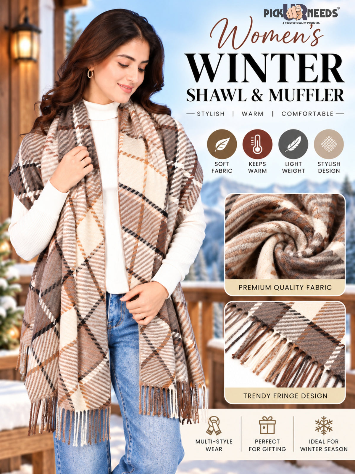 Pick Ur Needs Women's Winter Shawl & Muffler Soft Warm Checkered Printed Stole with Tassels Stylish Neck Wrap Scarf for Women & Girls