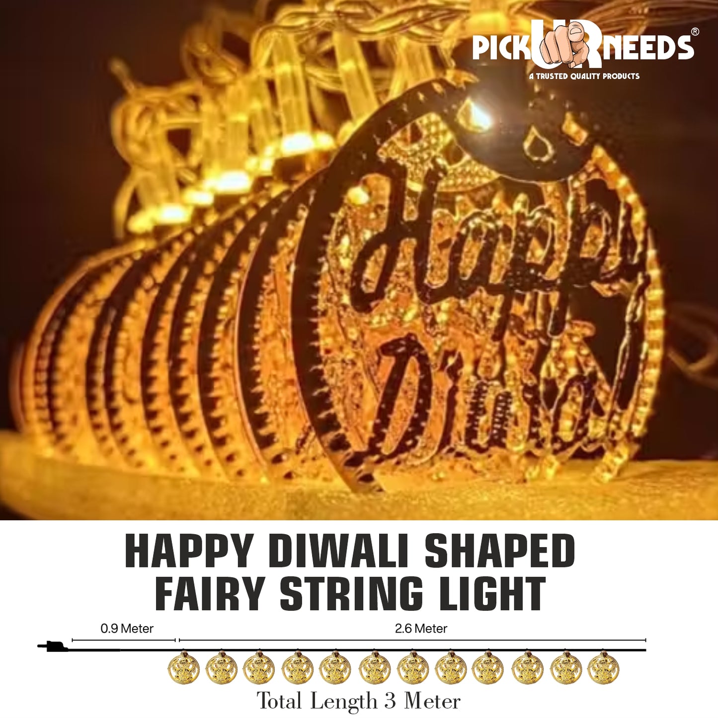 Pick Ur Needs Diwali String Lights Happy Diwali Metal Hanging Lights, Warm White Round 3D Ceiling Lamp