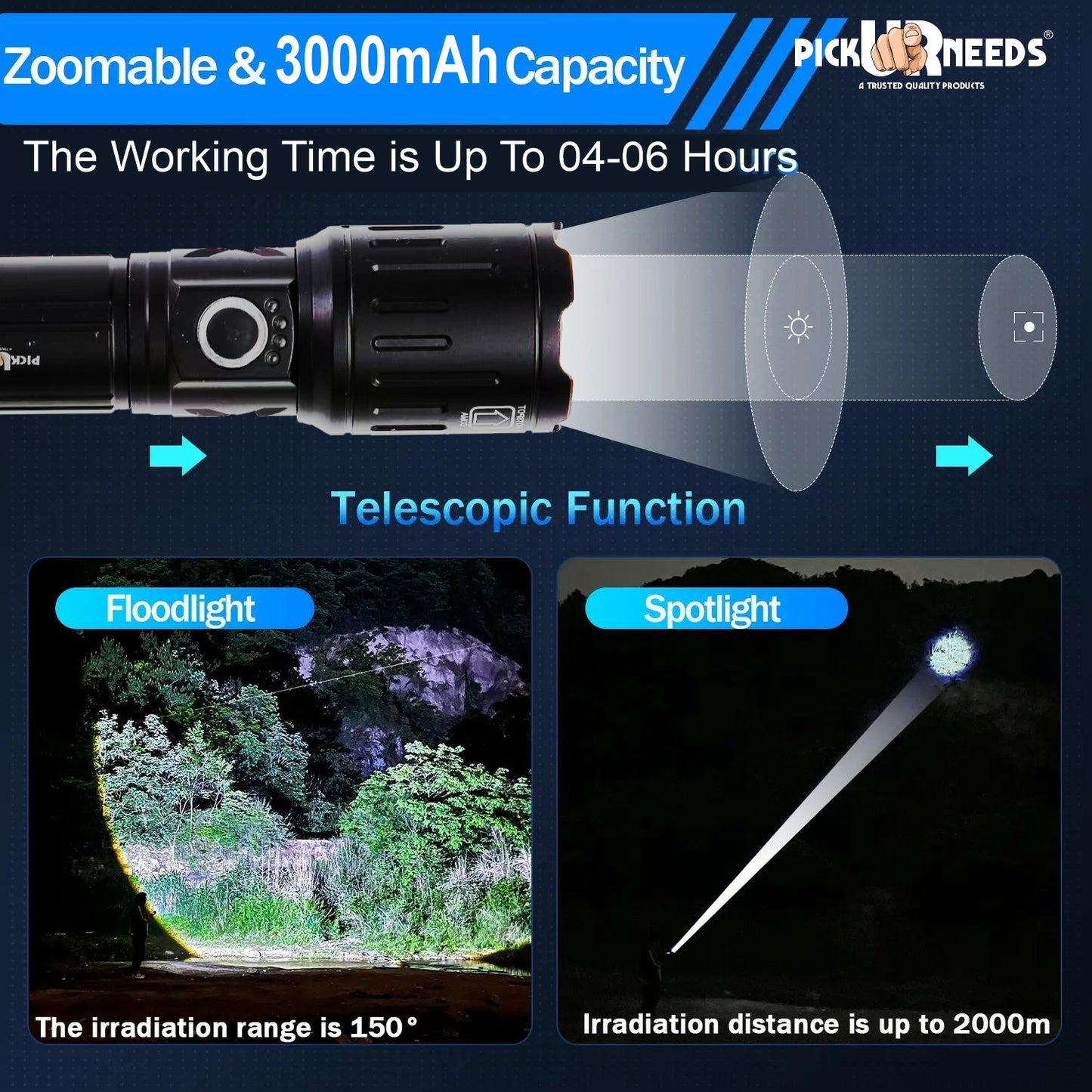 Pick Ur Needs 150W Rechargeable LED Torch. Featuring zoomable focus, 6 lighting modes, and a durable metal body, it's perfect for outdoor use, emergencies, and everyday tasks. Powered by a long-lasting 1800mAh battery.
