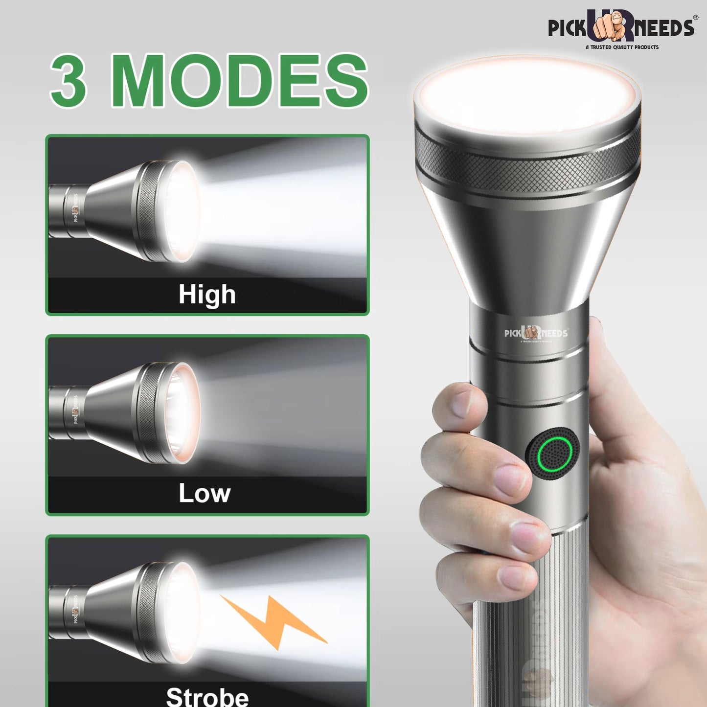 Pick Ur Needs High Bright 100W Chargeable Torch Aluminum Body Type C Charging 1200mAh Battery 5 hrs Torch Emergency Light (Silver)