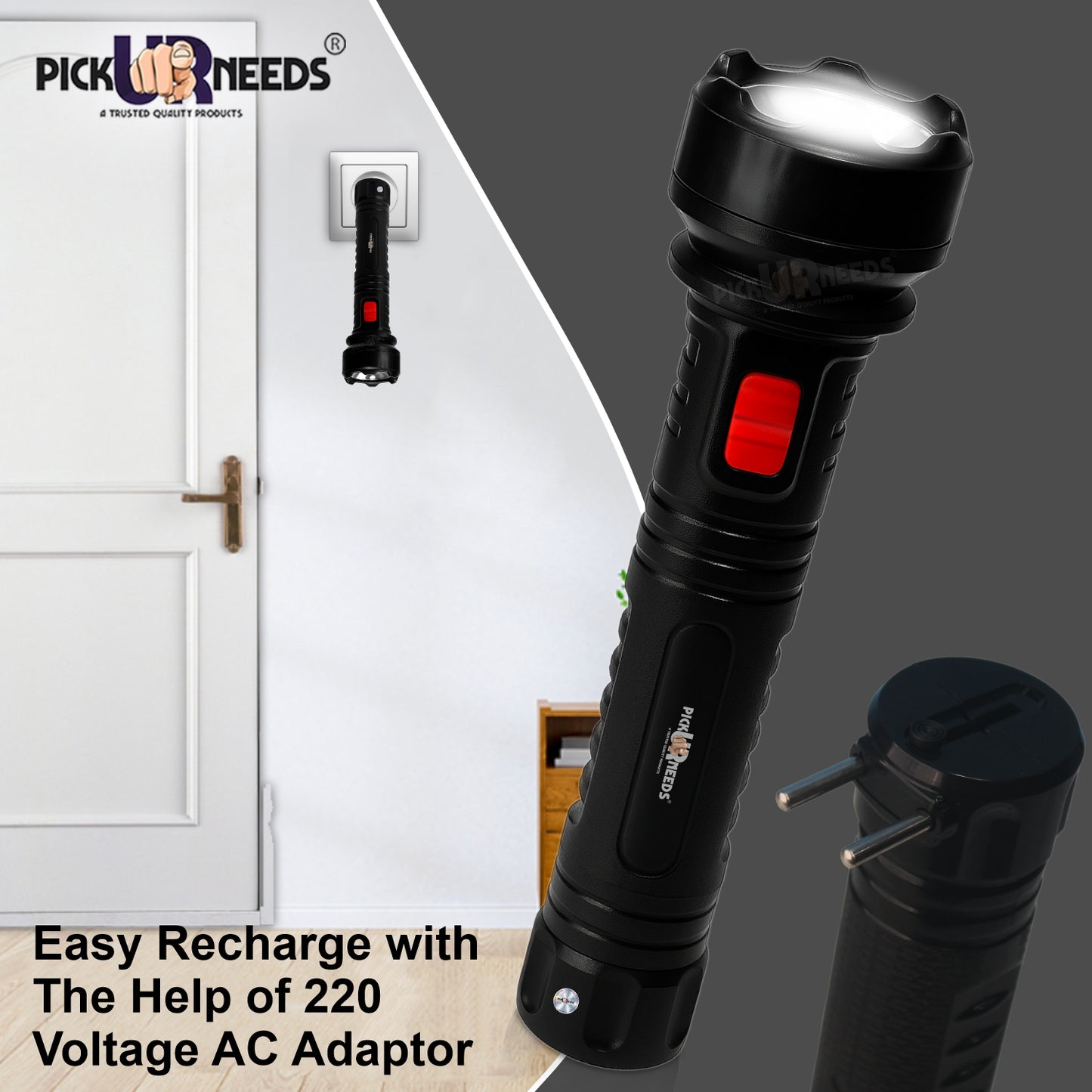 Pick Ur Needs 18W Rechargeable Home Emergency Long Range Torch Search Light 800 mAh Battery 10 hrs Torch Emergency Light (Black)