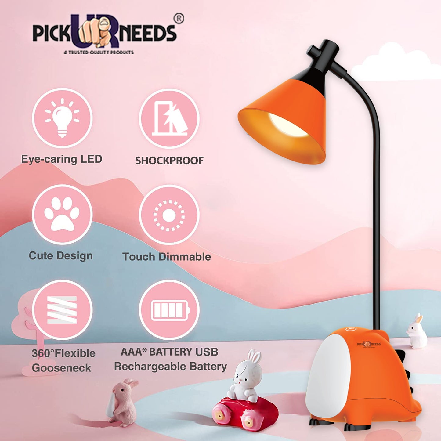 Pick Ur Needs Rechargeable LED Desk Lamp, Touch Dimmer Dinosaur Study Table Lamp with USB Charging