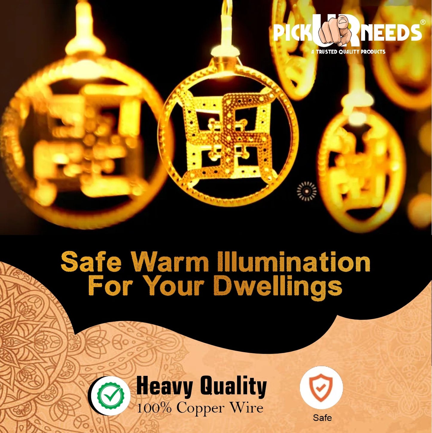 Pick Ur Needs Diwali String Lights Swastik Metal Hanging Lights, Warm White Round 3D Ceiling Lamp
