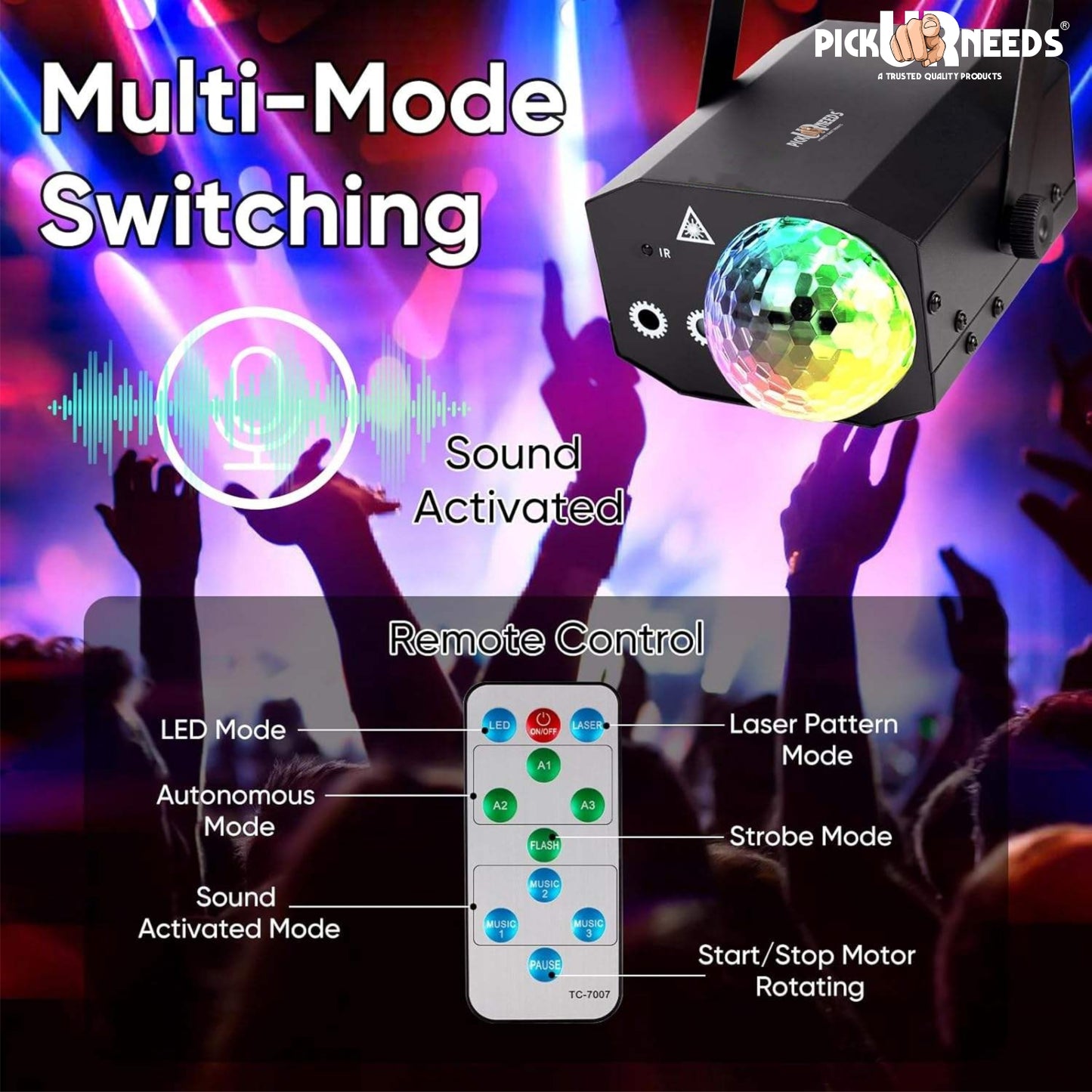 Pick Ur Needs LED Party Light with Remote β Sound Activated DJ Disco Ball Light, Strobe Laser Light Projector for Home Party, Club, Wedding, Birthday, Christmas, Stage Lighting β RGB Effects