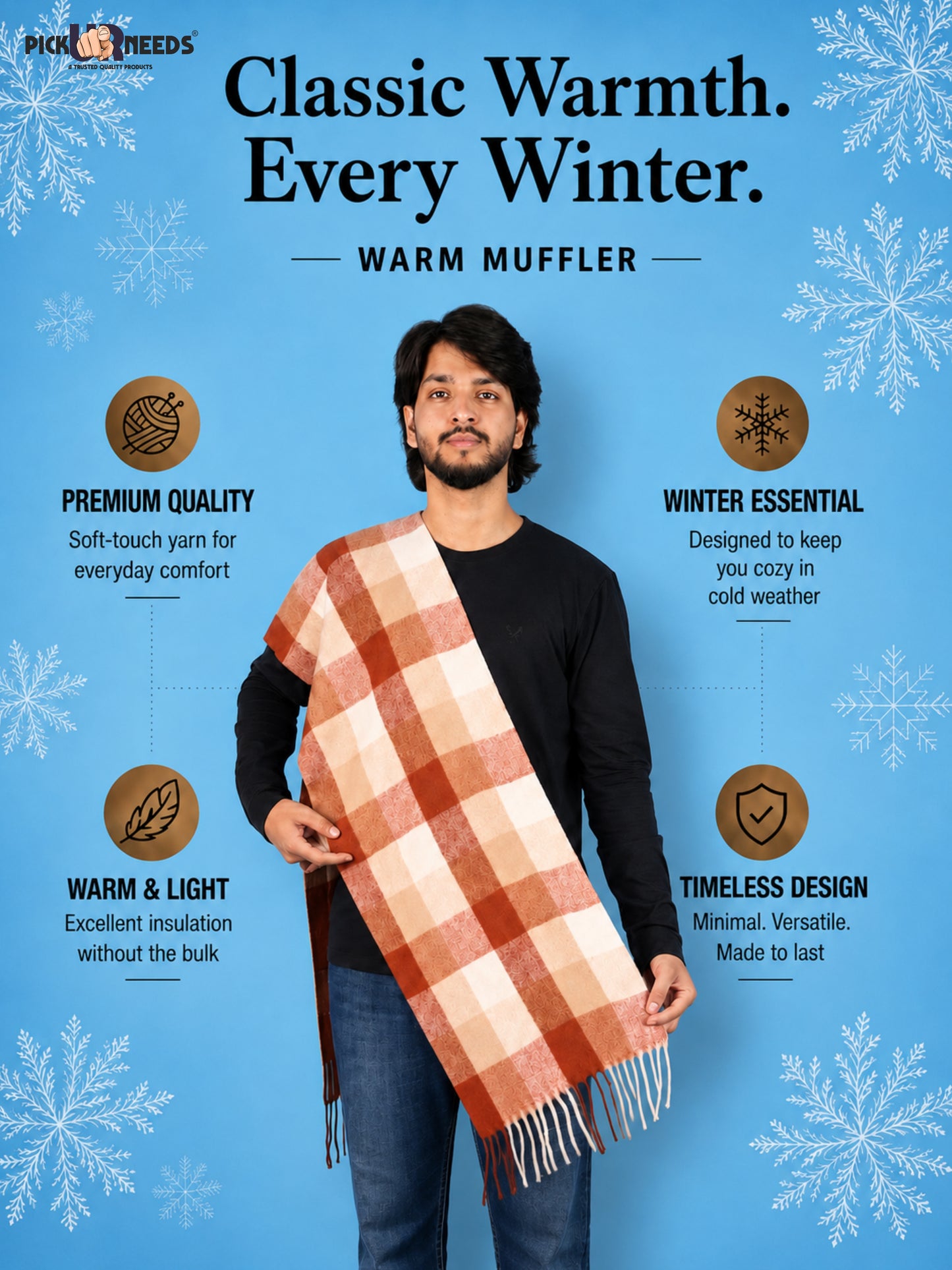Pick Ur Needs Men’s Winter Muffler Shawl Soft Warm Checkered Scarf with Fringes Stylish Neck Wrap for Men & Boys Winter Wear Accessory