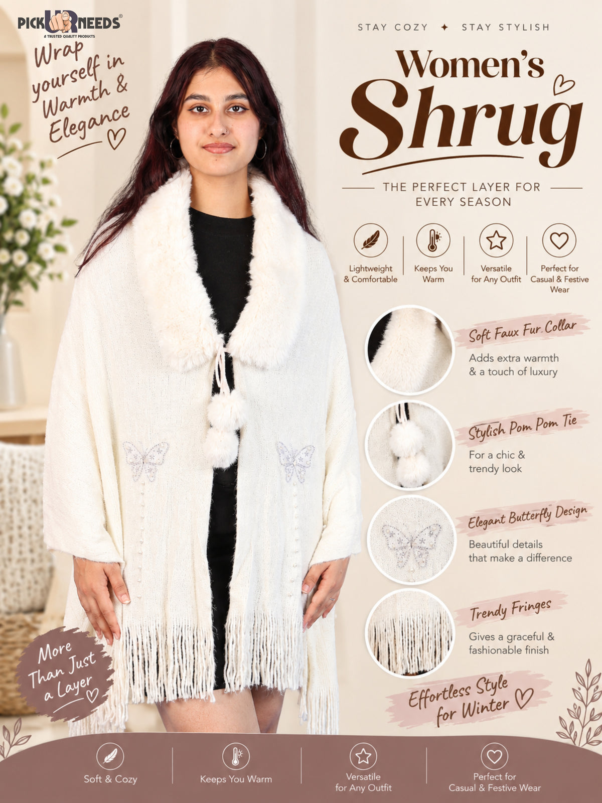 Pick Ur Needs Womens Faux Fur Collar Shrug with Pom Pom Tie Shawl Elegant Fringed Winter Wrap for Women & Girls