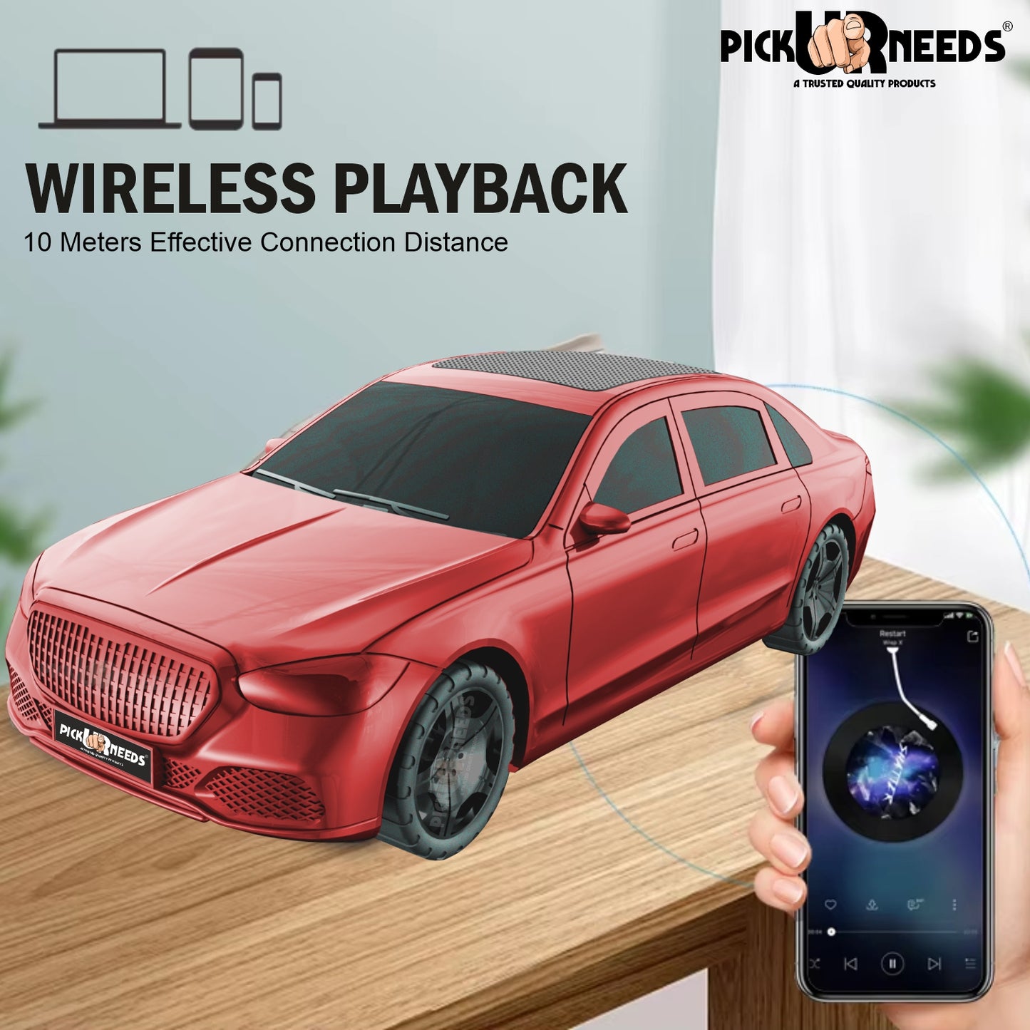 Pick Ur Needs Compact Rechargeable Wireless Thunder Sound 5W Car Speaker–Superior Bass, FM/USB 5 W Bluetooth Speaker (Red, 5.0 Channel)