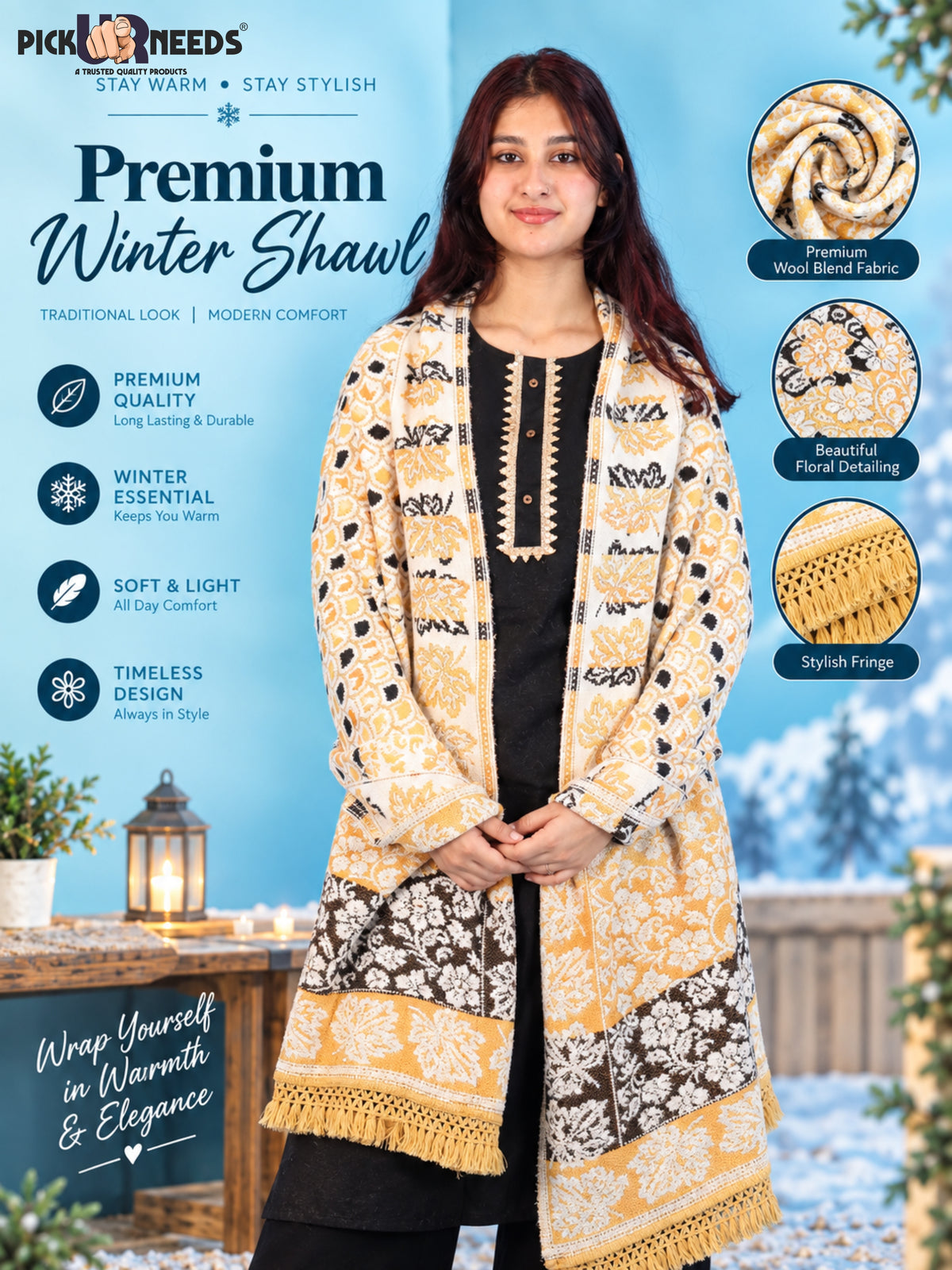 Pick Ur Needs Womens & Girls Winter Premium Shawl Floral Patterned Wool Blend Wrap with Decorative Border & Fringe Finish