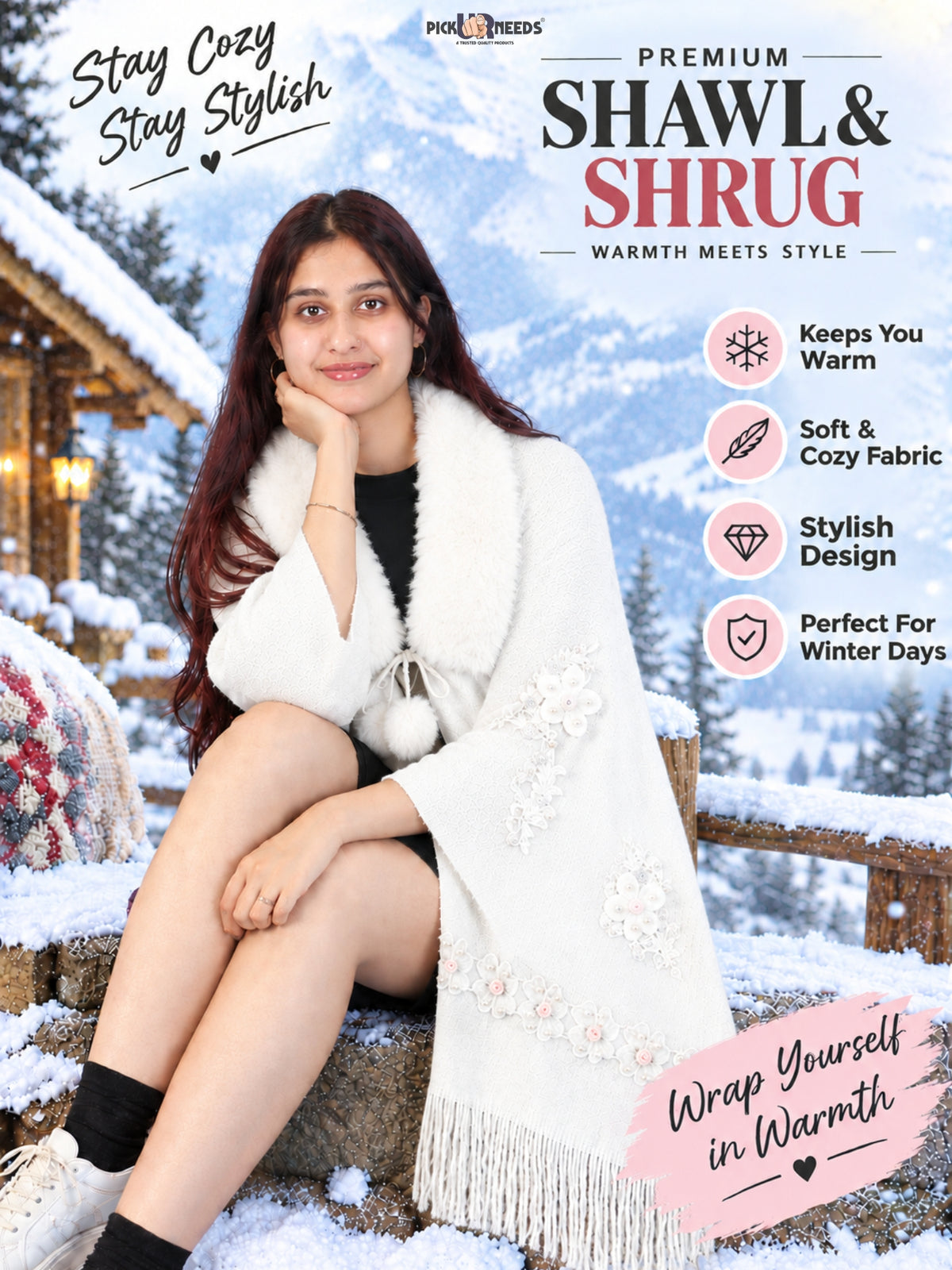 Pick Ur Needs Womens Premium Winter Shawl Shrug with Soft Fur Collar, Floral Embroidery, Pom-Pom Tie & Fringe Detailing Stylish Warm Wrap for Girls