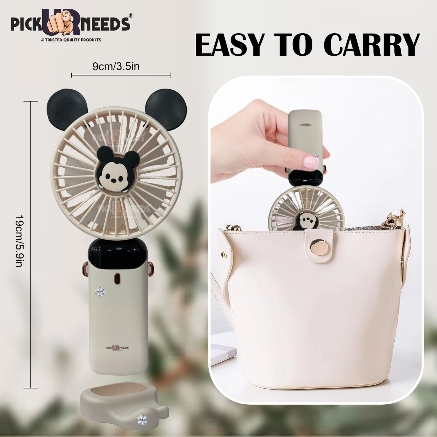 Pick Ur Needs Rechargeable Foldable Mini Handheld Fan Micky Mouse Design 5 Mode Speed LED Display Mini Portable Fan