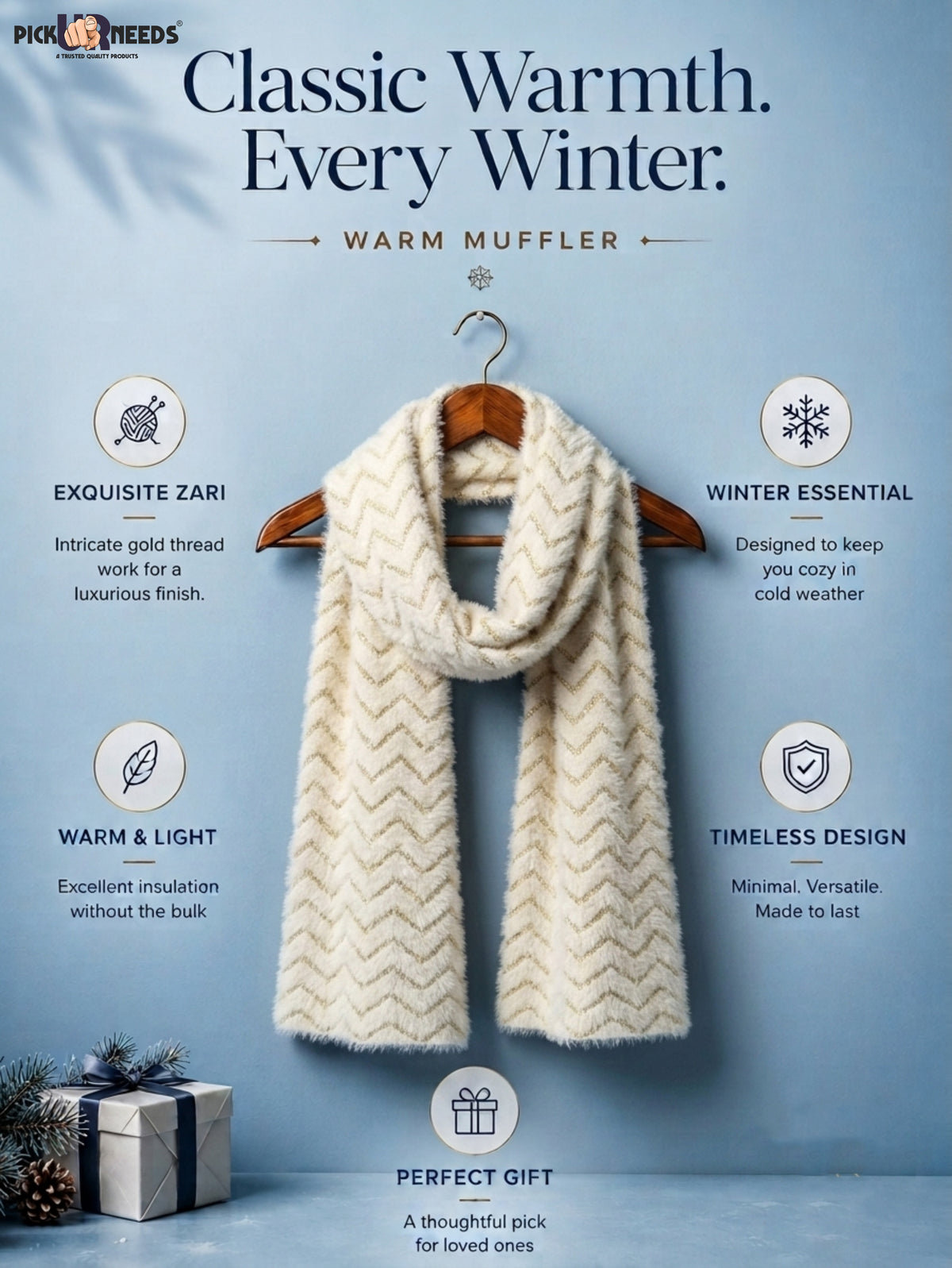 Pick Ur Needs Premium Woolen Winter Muffler with Gold Zigzag Pattern | Soft, Warm & Stylish Scarf for Women