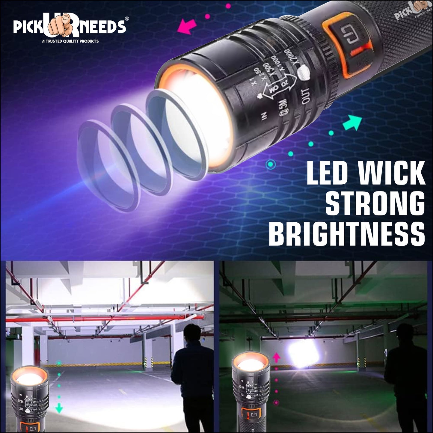 Pick Ur Needs Rechargeable Emergency Search Light Zoomable Head Adjustable 50W High Brightness Type C Charging 3 Mode Long Range Torch Light
