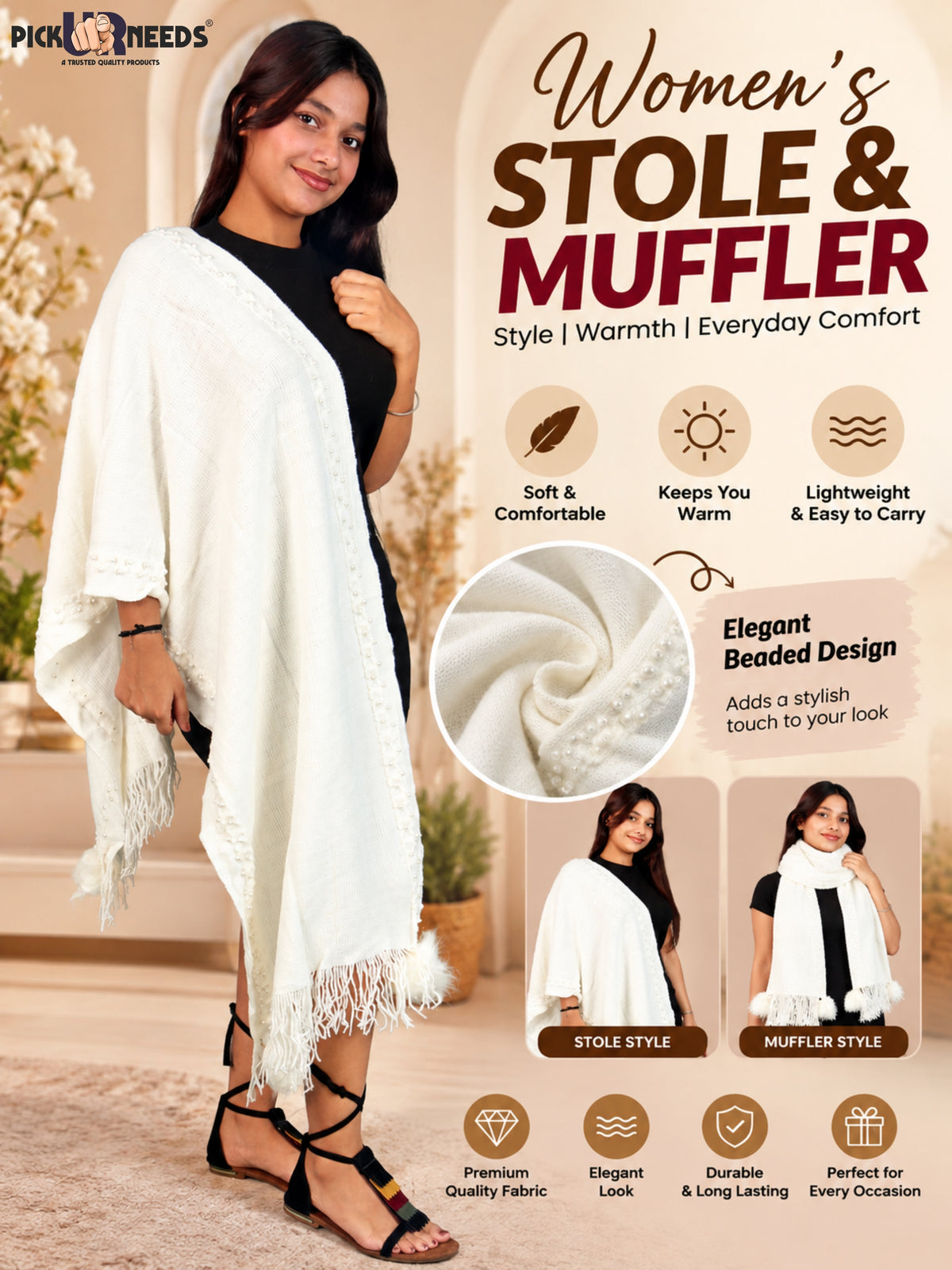 Pick Ur Needs Women & Girls Elegant Woolen Shawl with Beaded Border & Fringed Ends, Soft Warm Lightweight Winter Wrap Stole