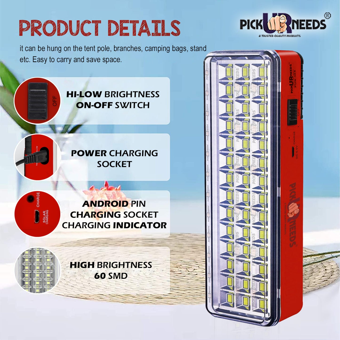 Pick Ur Needs Solar 42 SMD LED Rechargeable Floor Lantern Lamp Emergency Light Pack of 2 Torch (White, 23 cm, Rechargeable)