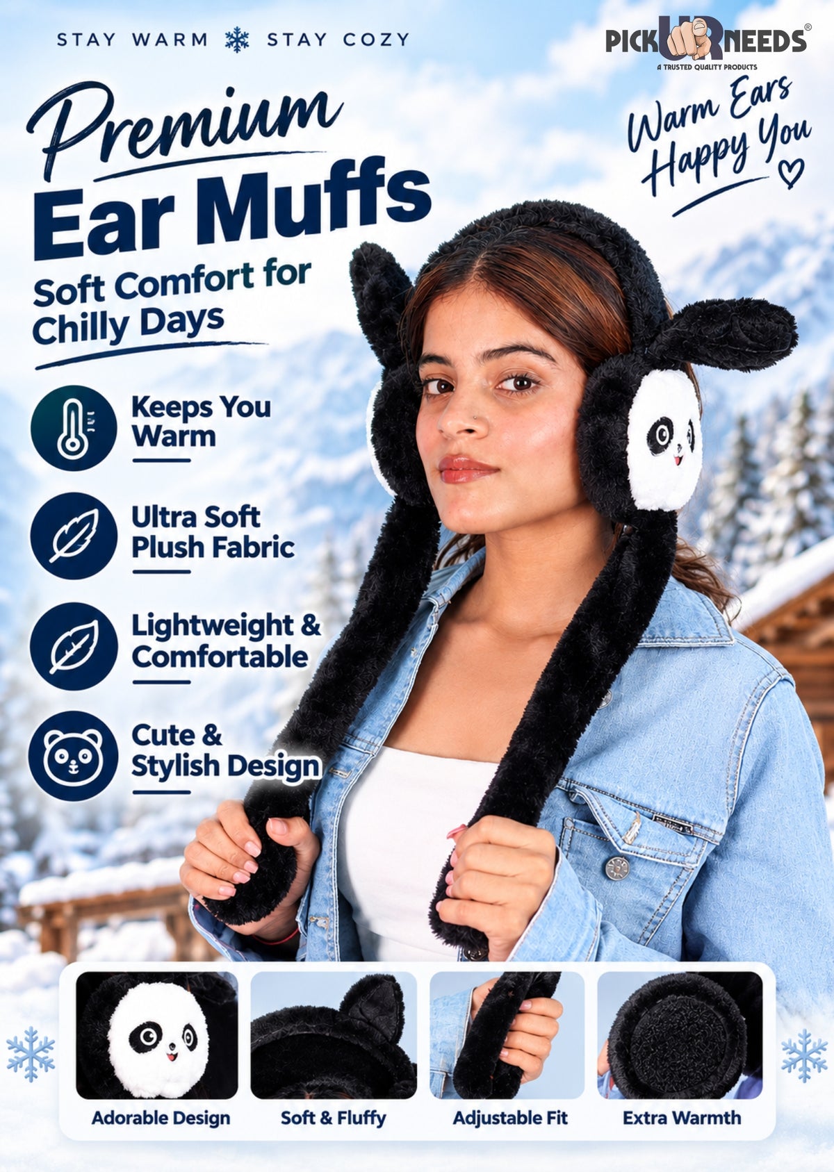 Pick Ur Needs Premium Panda Ear Muffs for Women & Girls, Soft Plush Winter Ear Warmers with Cute Animal Design, Adjustable Fit