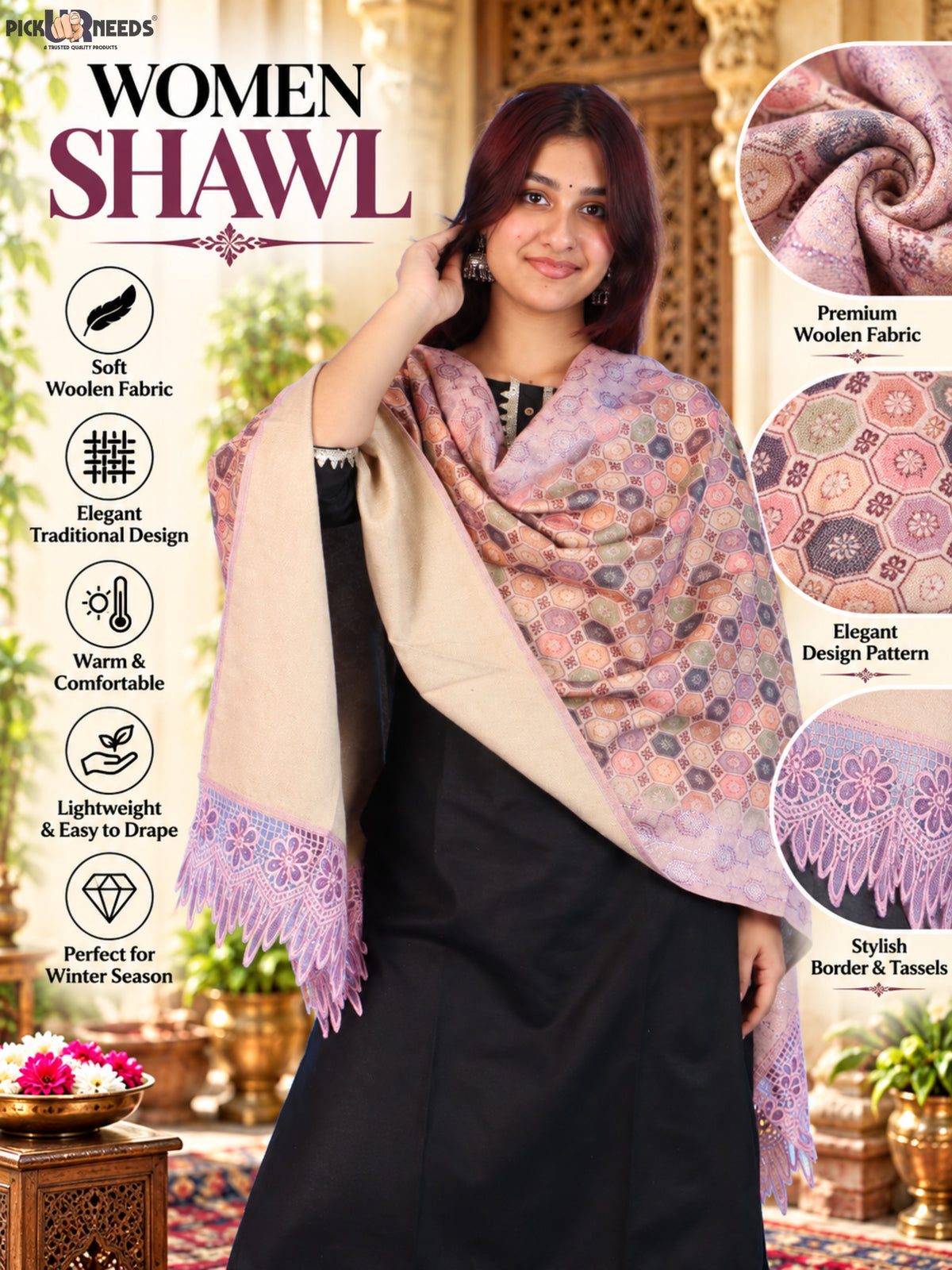 Pick Ur Needs Premium Stylish Womens & Girls Elegant Woolen Shawl Soft Warm Printed Stole with Lace Tassels