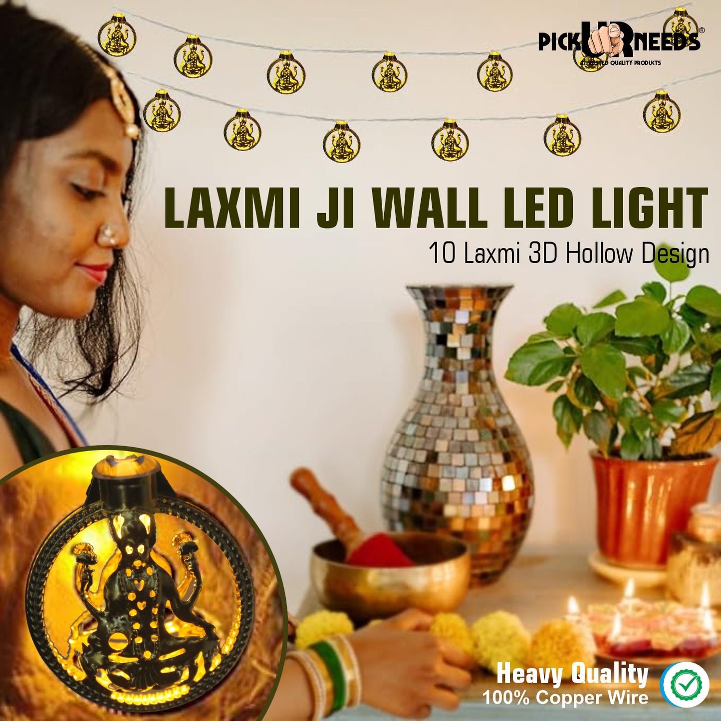 Pick Ur Needs Diwali String Lights Laxmi Ji Metal Hanging Lights, Warm White Round 3D Ceiling Lamp