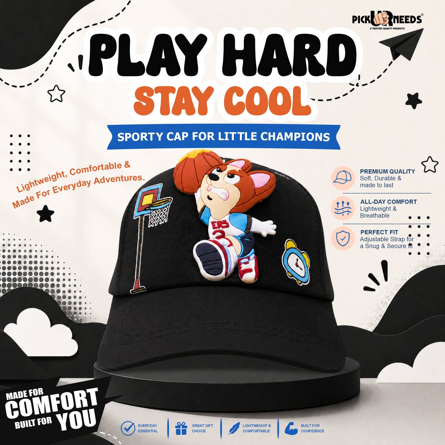 Pick Ur Needs Basketball Cartoon Baseball Cap with 3D Basketball Character Patch Adjustable Sports Hat for Boys & Girls