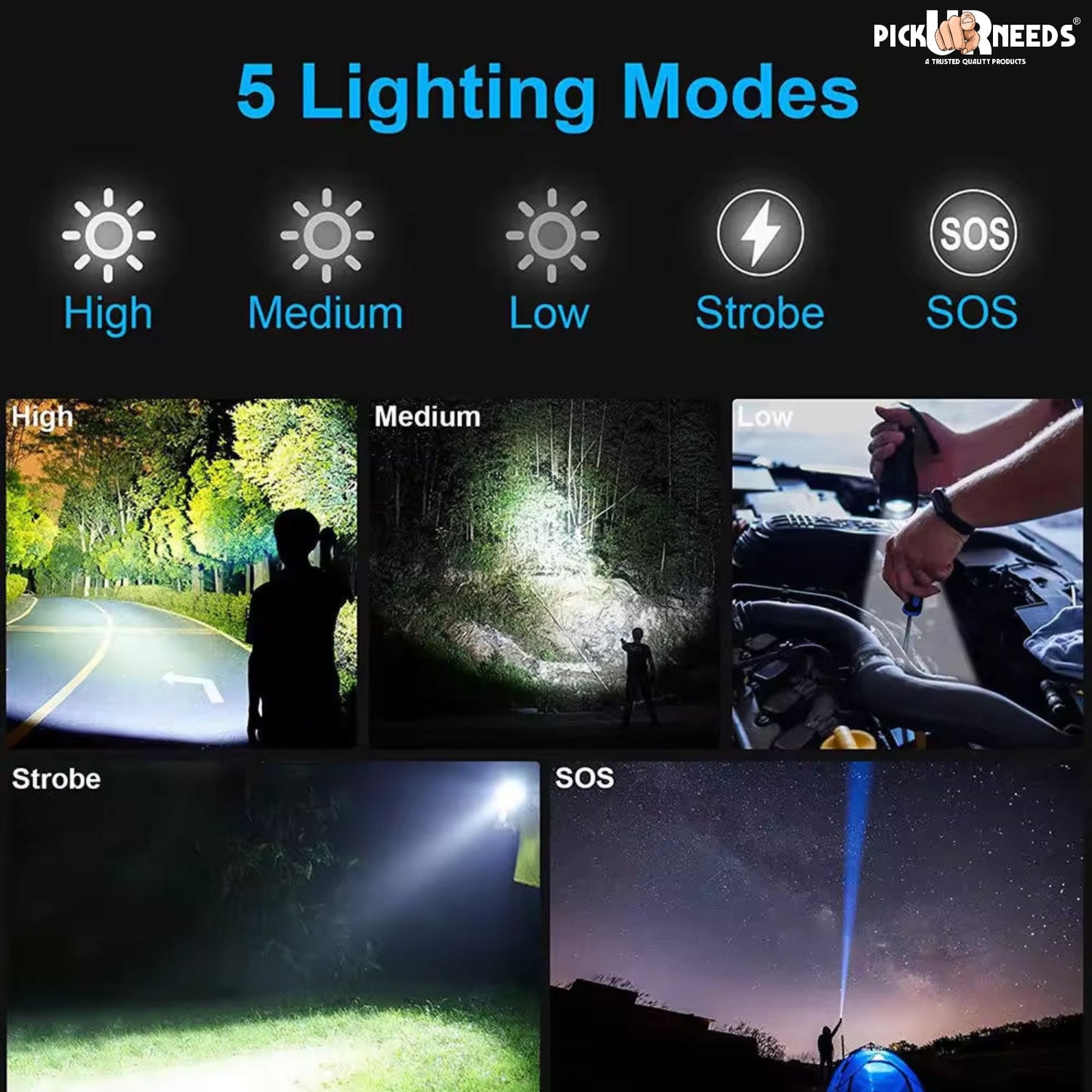 Pick Ur Needs 150W Rechargeable LED Torch. Featuring zoomable focus, 6 lighting modes, and a durable metal body, it's perfect for outdoor use, emergencies, and everyday tasks. Powered by a long-lasting 1800mAh battery.