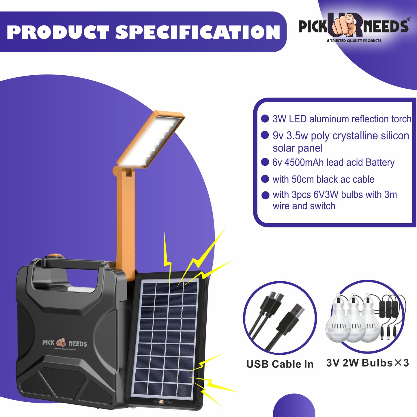 Pick Ur Needs Solar Chargeable Inverter Light Set With Study Lamp + 3 Bulb 1 USB Charging Port Solar Light Set (Ceiling Mounted Pack of 1)