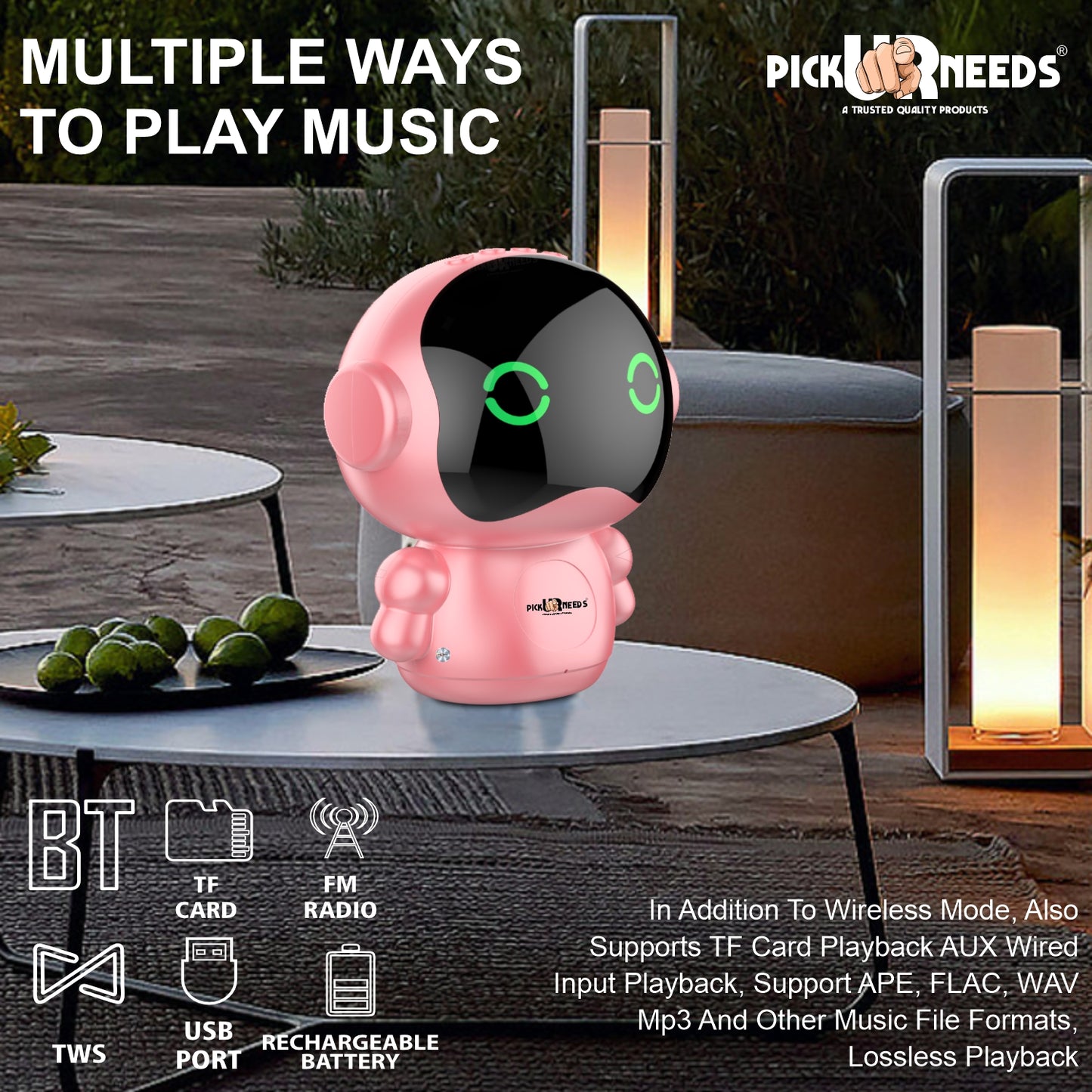 Pick Ur Needs Rechargeable Wireless Mini DJ Bluetooth Speaker HiFi Bass, LED Lights, 800mAh Battery, USB/TF Card/TWS Playback