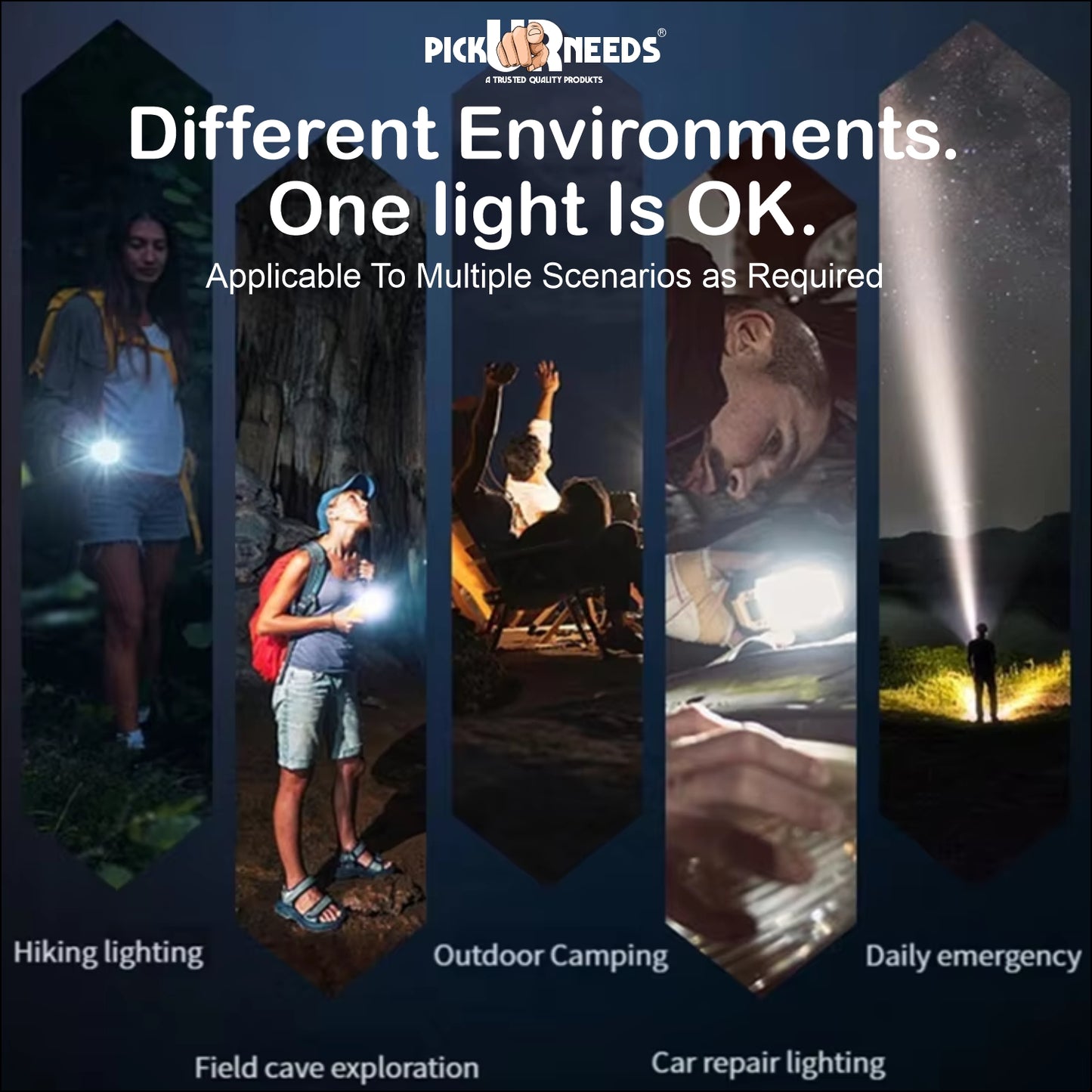 Pick Ur Needs 150W Rechargeable LED Torch offers powerful brightness, zoomable focus, 6 lighting modes, and a durable metal body. With a long-lasting 1800mAh battery, it's perfect for camping, emergencies, and everyday use.