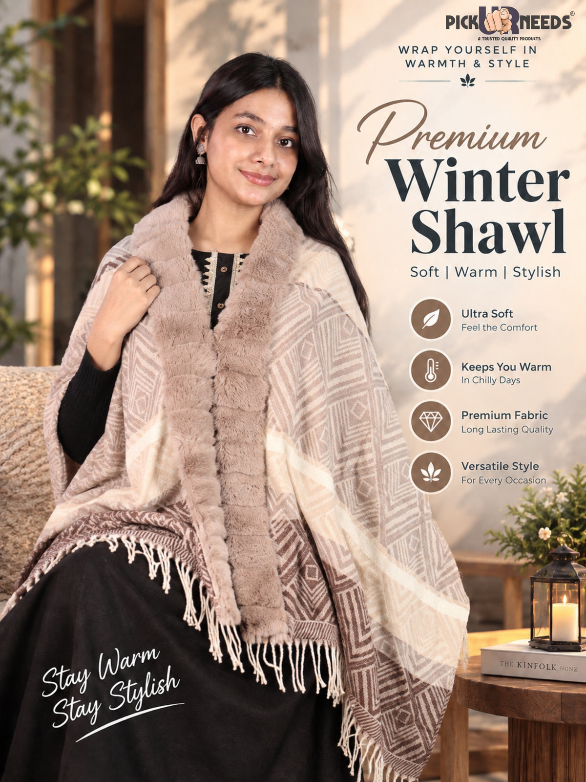 Pick Ur Needs Elegant Winter Soft & Warm Woolen Shawl with Faux Fur Border Multi Color Pattern Scarf