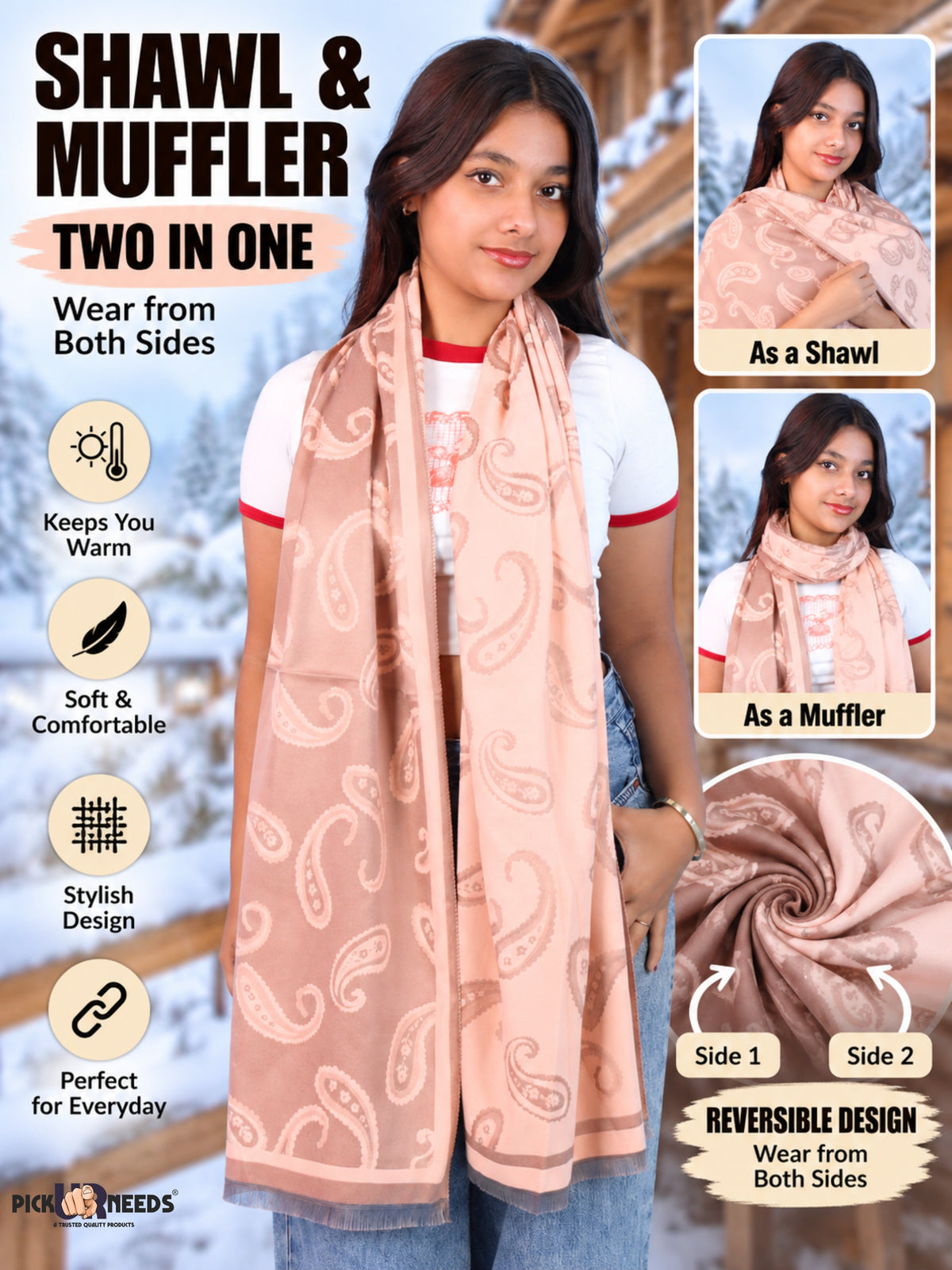 Pick Ur Needs Women & Girls Reversible 2 in 1 Woolen Muffler Soft Warm Dual Side Winter Scarf with Elegant Paisley Pattern