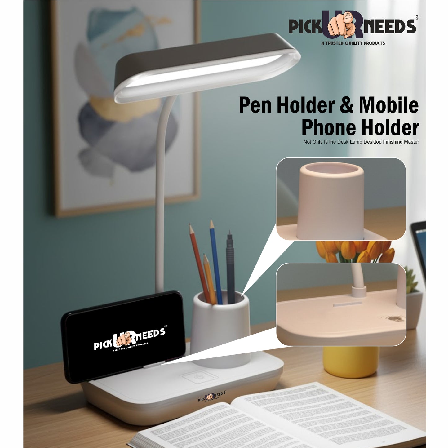 Pick Ur Needs LED Rechargeable Table Study Desk Lamp Reading Light with 3 Mode Dimming with Pen Holder, Phone Stand & USB Power