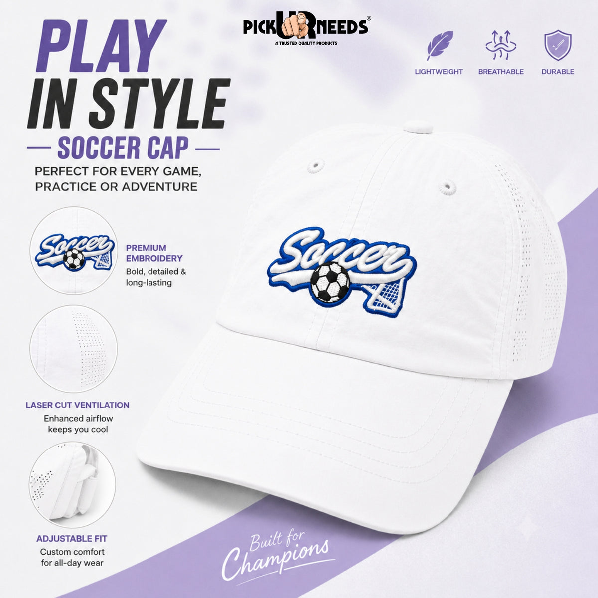 Pick Ur Needs Soccer Embroidered Performance Baseball Cap for Kids & Teens β Breathable Sun Protection Sports Hat, Adjustable Lightweight Soccer Caps