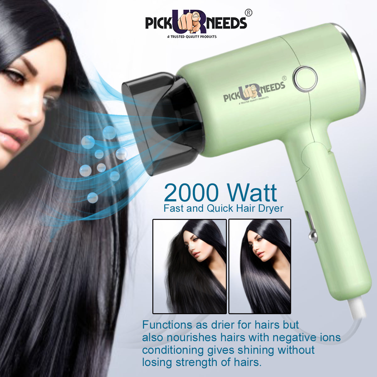 Pick Ur Needs Foldable Hair Dryer Stylish 2000W Professional Hot & Cold Hair Dryer with Handle Hair Dryer (2000 W, Green)
