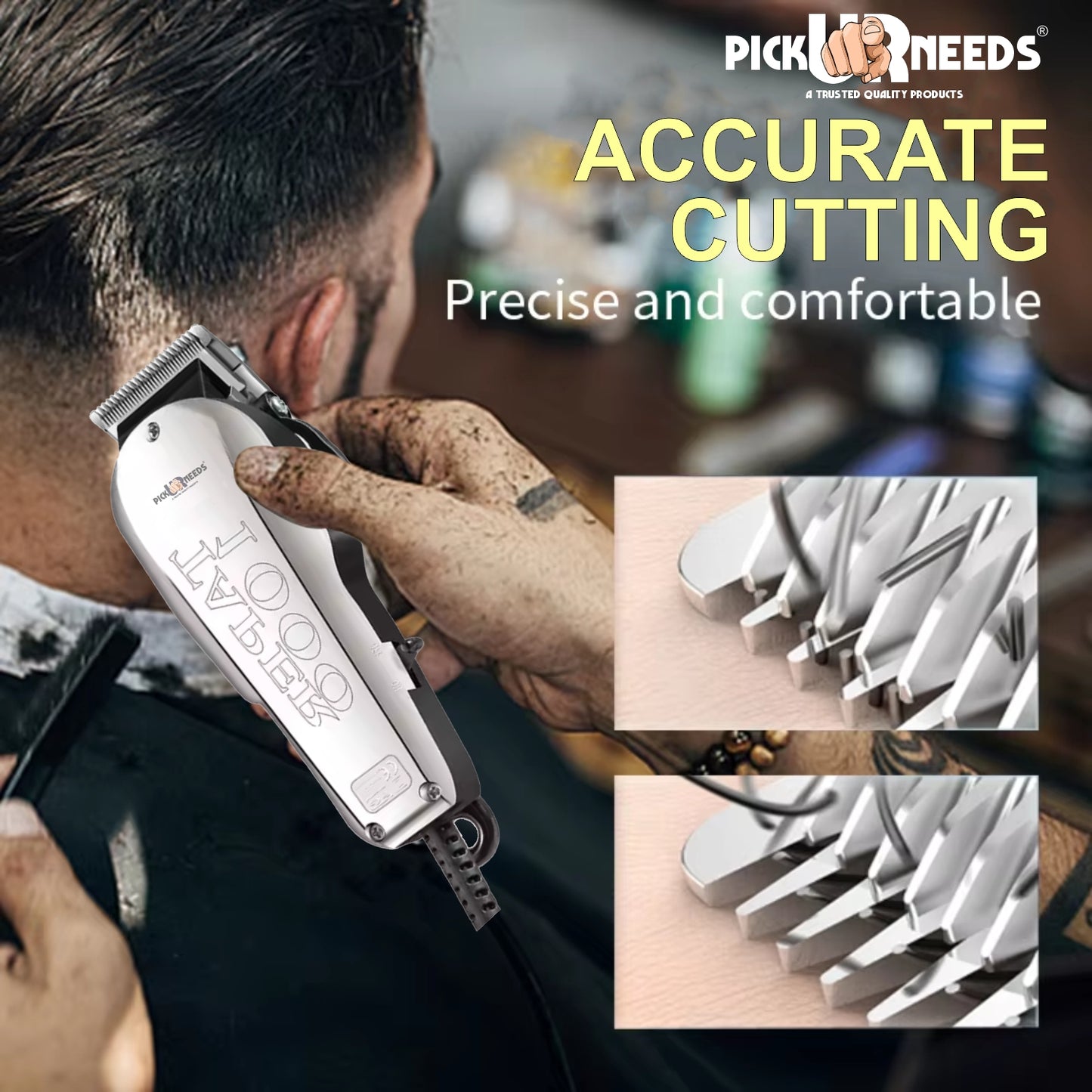 Pick Ur Needs Professional Barber Hair Cutting Machine / Hair Clipper For Men All Attachment Trimmer 0 min Runtime 10 Length Settings (Silver)