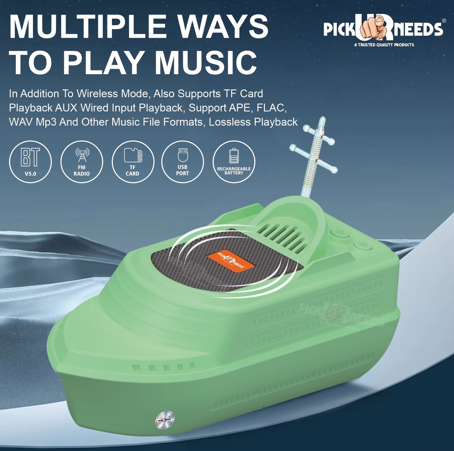 Pick Ur Needs 10W Portable Wireless Speaker 6H Playtime, 1200mAh Battery, USB Port, Parties 10 W Bluetooth Speaker (Green, 5.0 Channel)