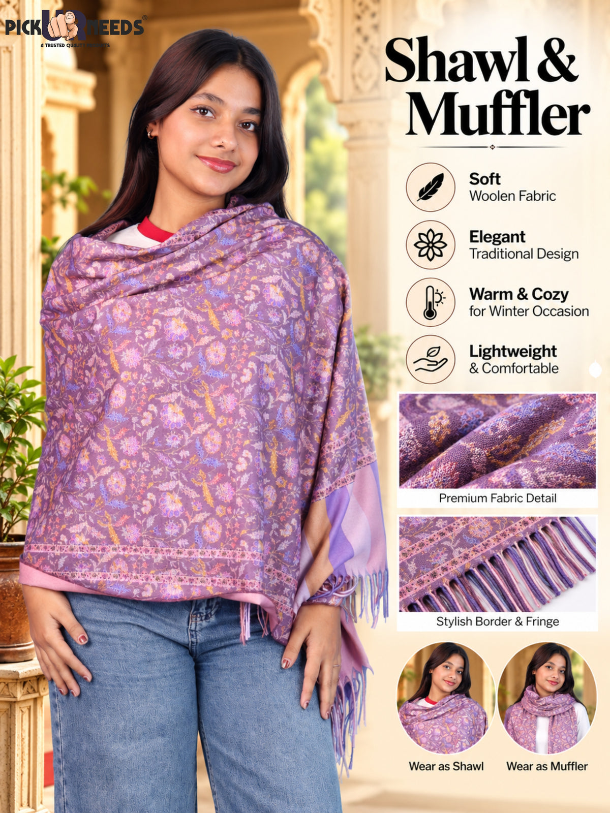 Pick Ur Needs Women & Girls Soft Woolen Shawl Elegant Floral Design Winter Neck Scarf with Decorative Border & Fringes