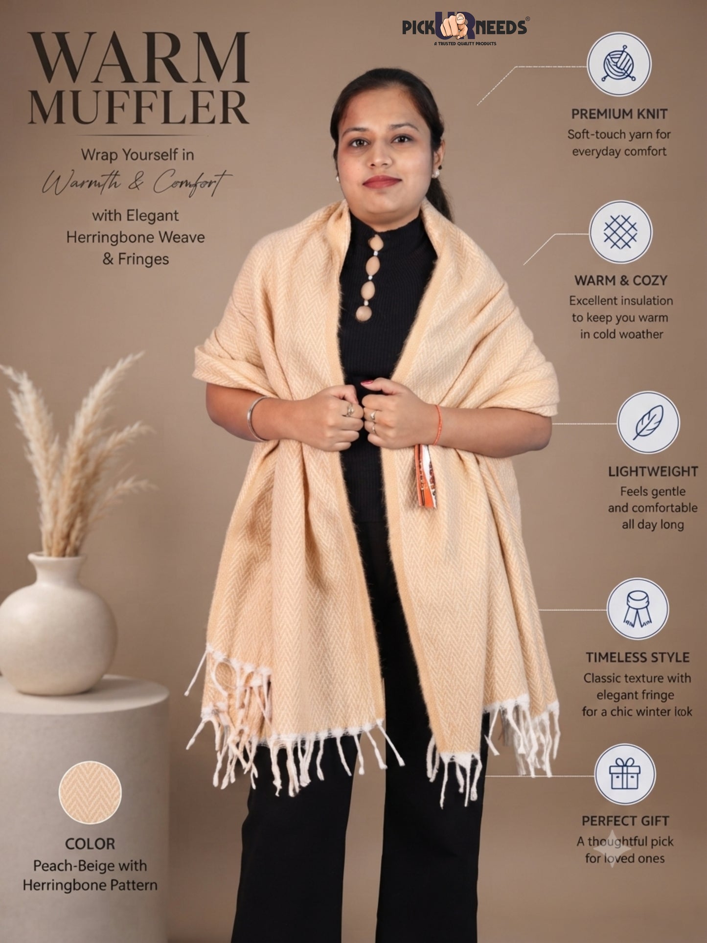 Pick Ur Needs Women’s Winter Muffler Shawl Soft & Warm Knitted Herringbone Wrap with Elegant Fringe Stole For Girls