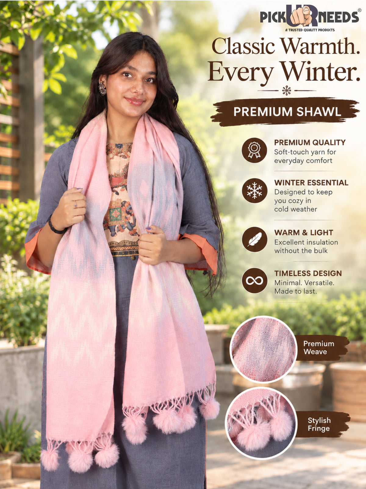 Pick Ur Needs Women Winter Shawl Soft Warm Geometric Printed Woolen Style Stole with Pom Pom Tassels Stylish Long Wrap Muffler for Women & Girls