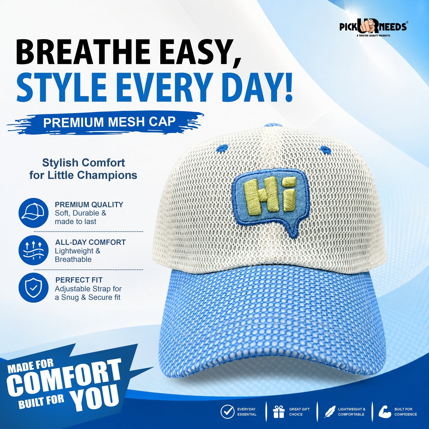 Pick Ur Needs Teenager Stylish Mesh Cap Lightweight Breathable Baseball Hat with βHiβ Embroidery Sun Protection Adjustable Snapback Cap for Boys & Girls