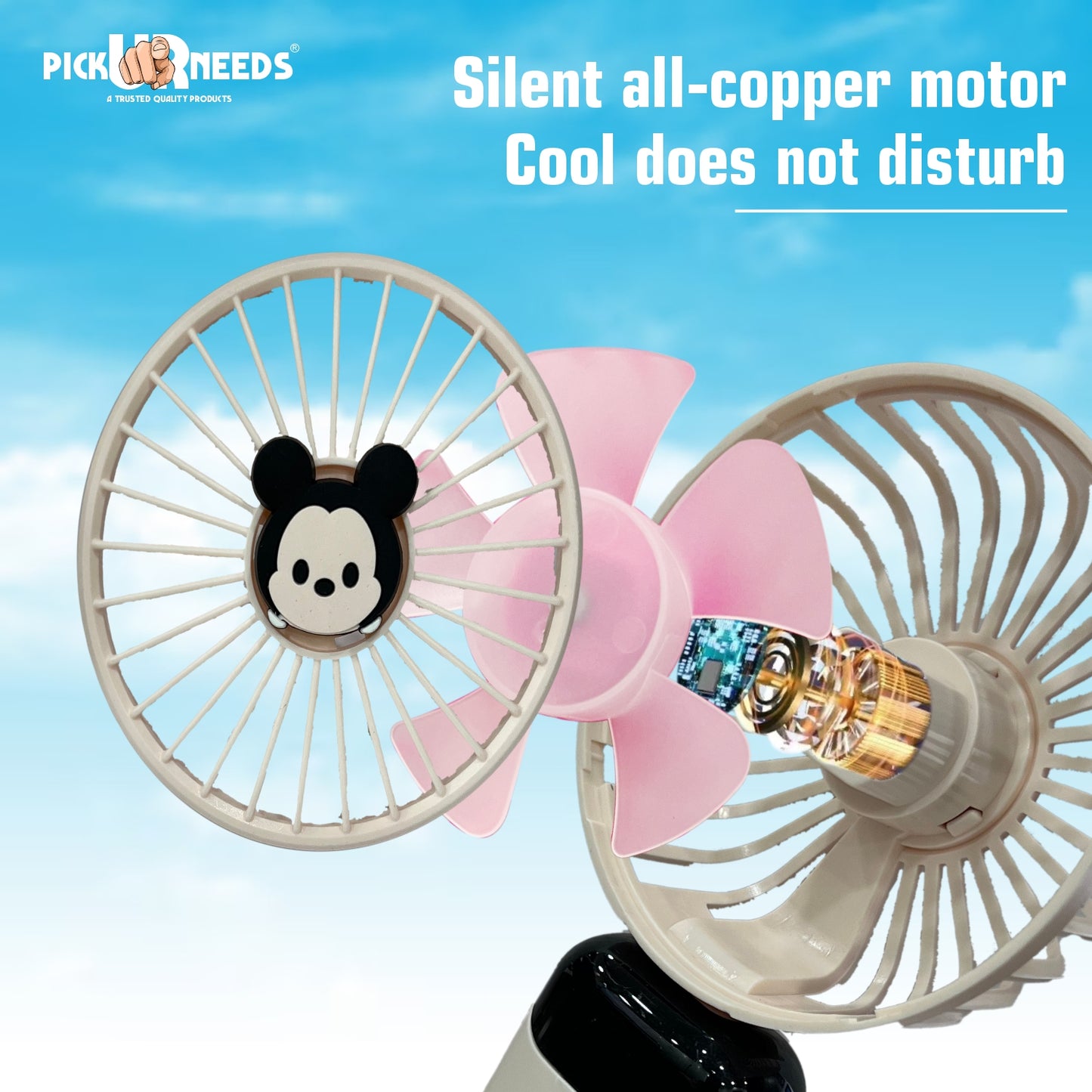 Pick Ur Needs Rechargeable Foldable Mini Handheld Fan Micky Mouse Design 5 Mode Speed LED Display Mini Portable Fan