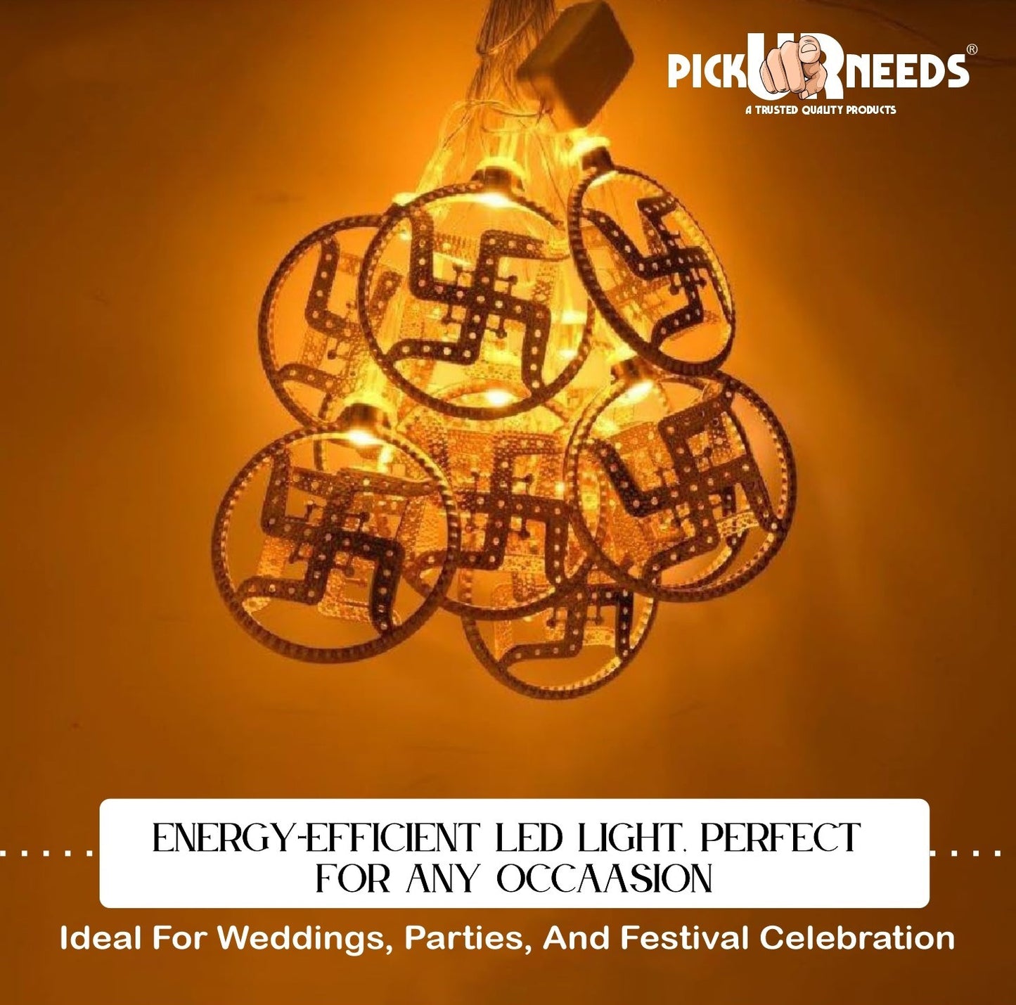 Pick Ur Needs Diwali String Lights Swastik Metal Hanging Lights, Warm White Round 3D Ceiling Lamp