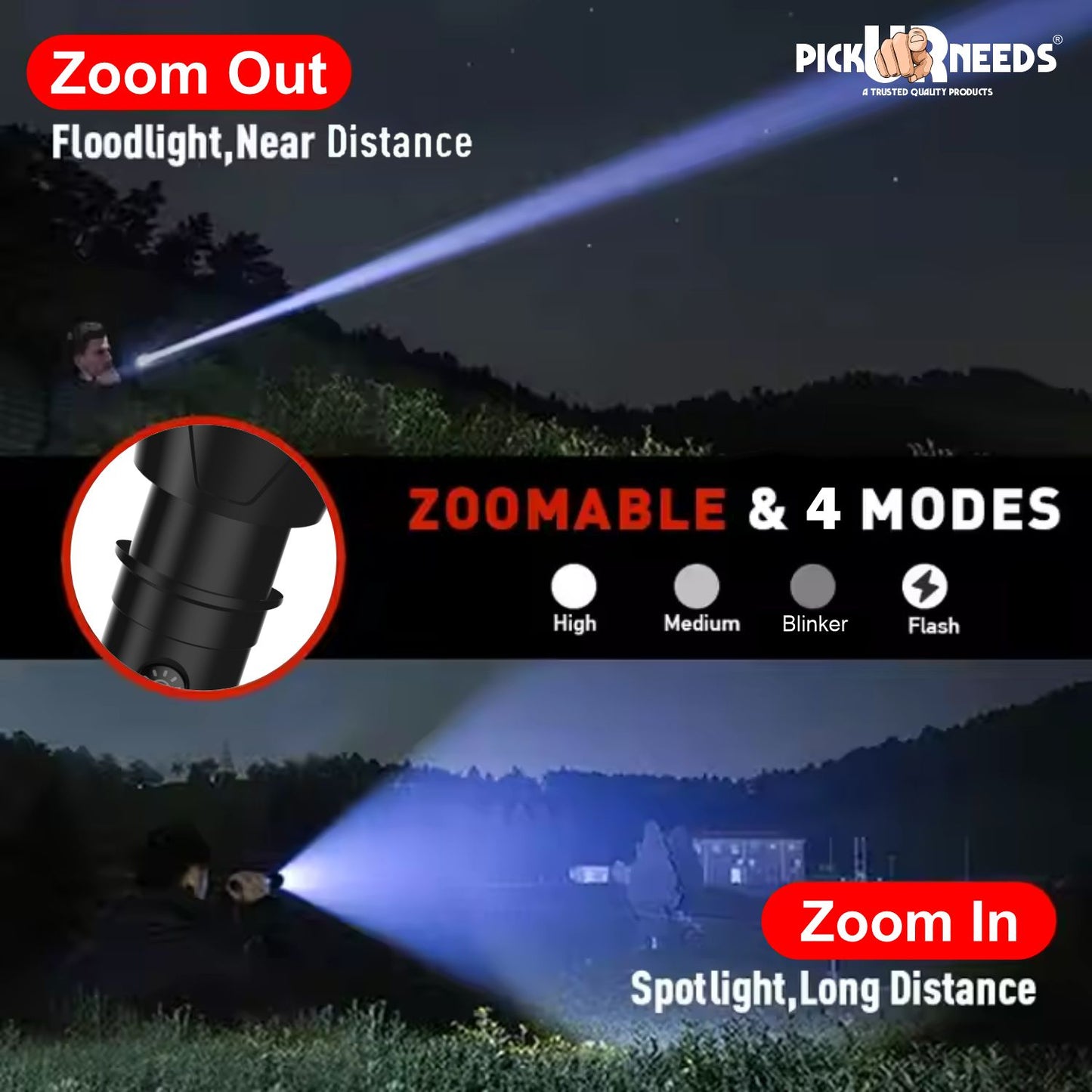 Pick Ur Needs Zoomable Focus High Power Super Bright Flashlight Two Mode 75W Laser + Side COB 5 hrs Torch Emergency Light (Black)