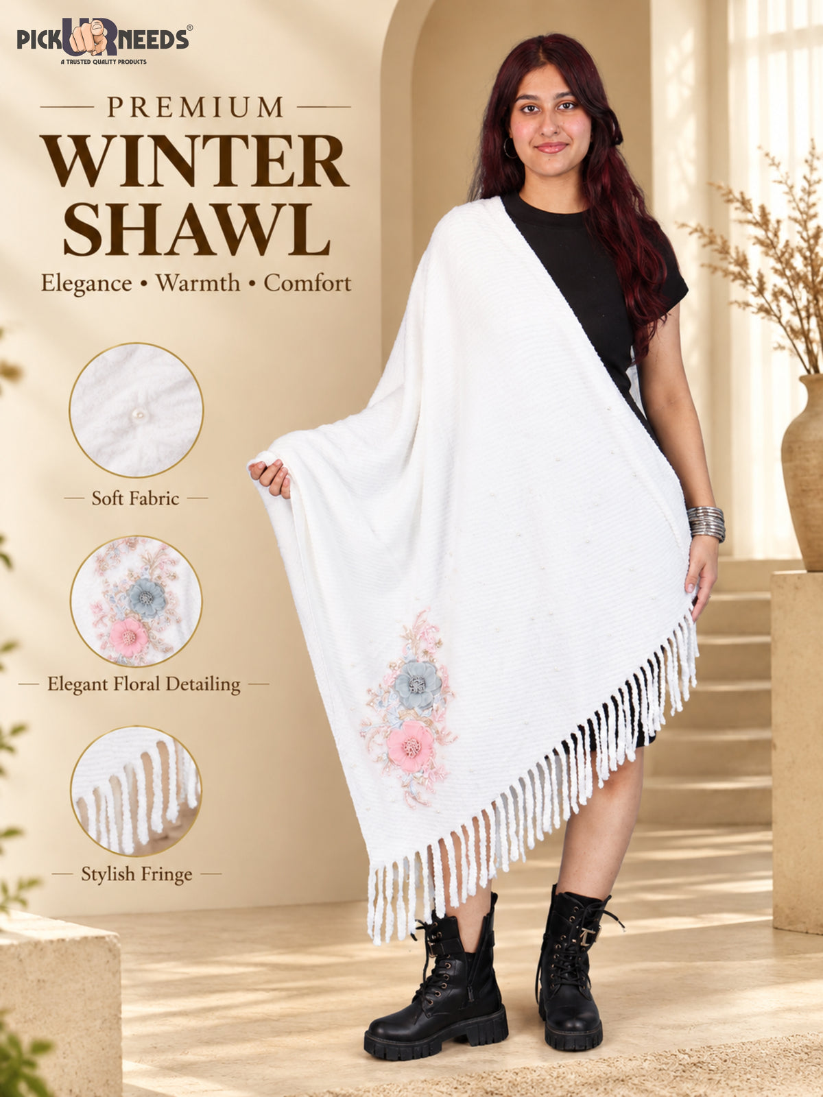 Pick Ur Needs Premium Floral Embroidered Winter Shawl Stole Soft Warm Wrap with Pearl Embellishments & Fringed Border For Girls & Womens