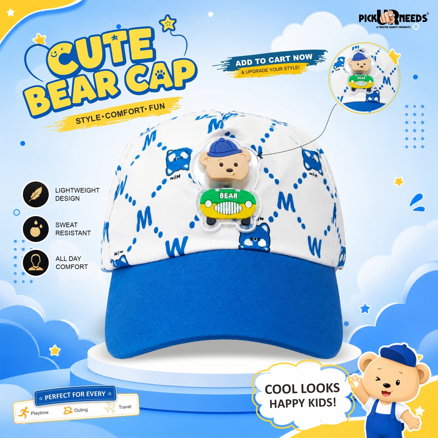 Pick Ur Needs Kids Baseball Cap with Cute Bear LED Light Design Comfort Fit for Boys & Girls Adjustable Buckle