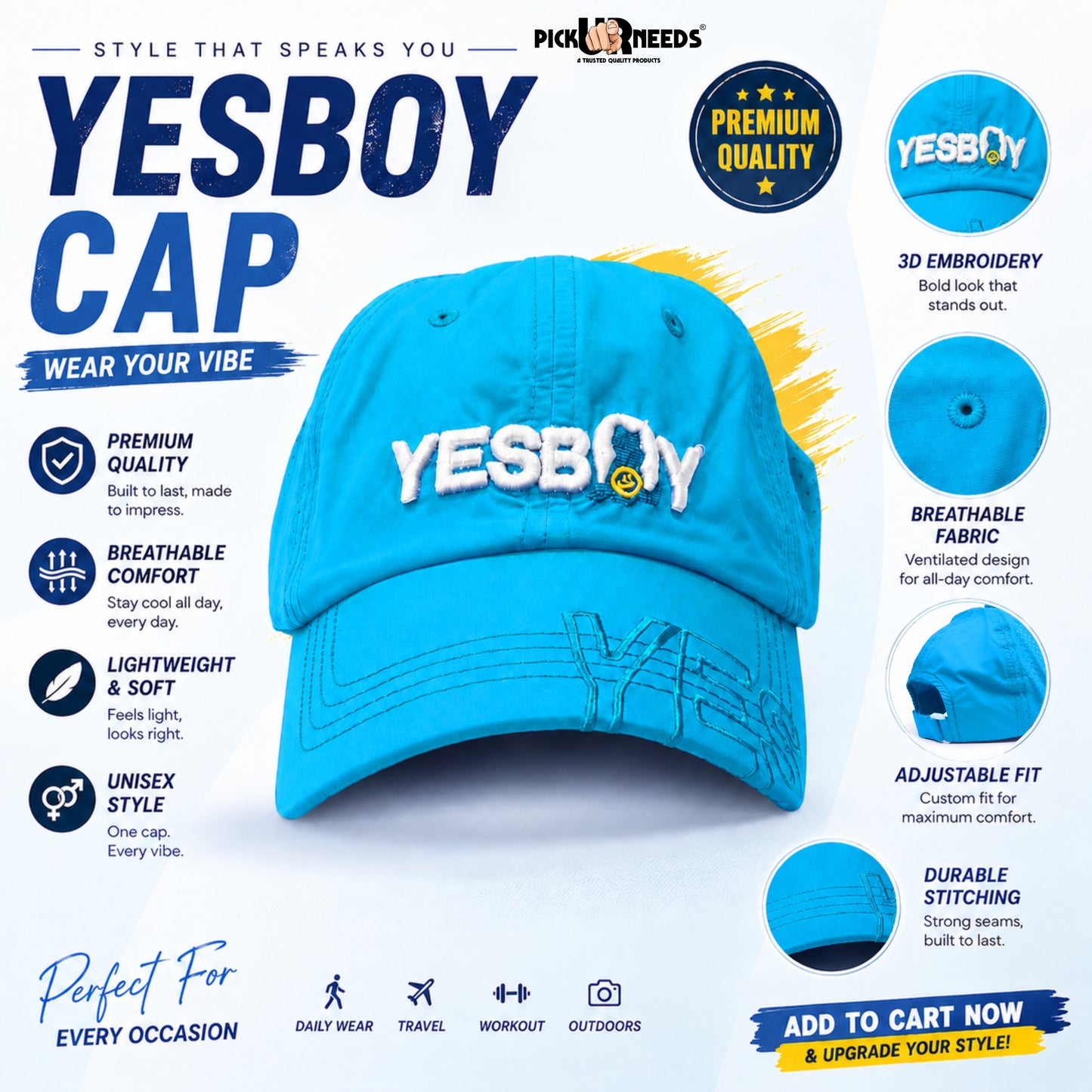 Pick Ur Needs YESBOY Cap,3D Embroidery, Breathable Fabric, Adjustable Fit, Teenager Unisex Kids,Lightweight Caps