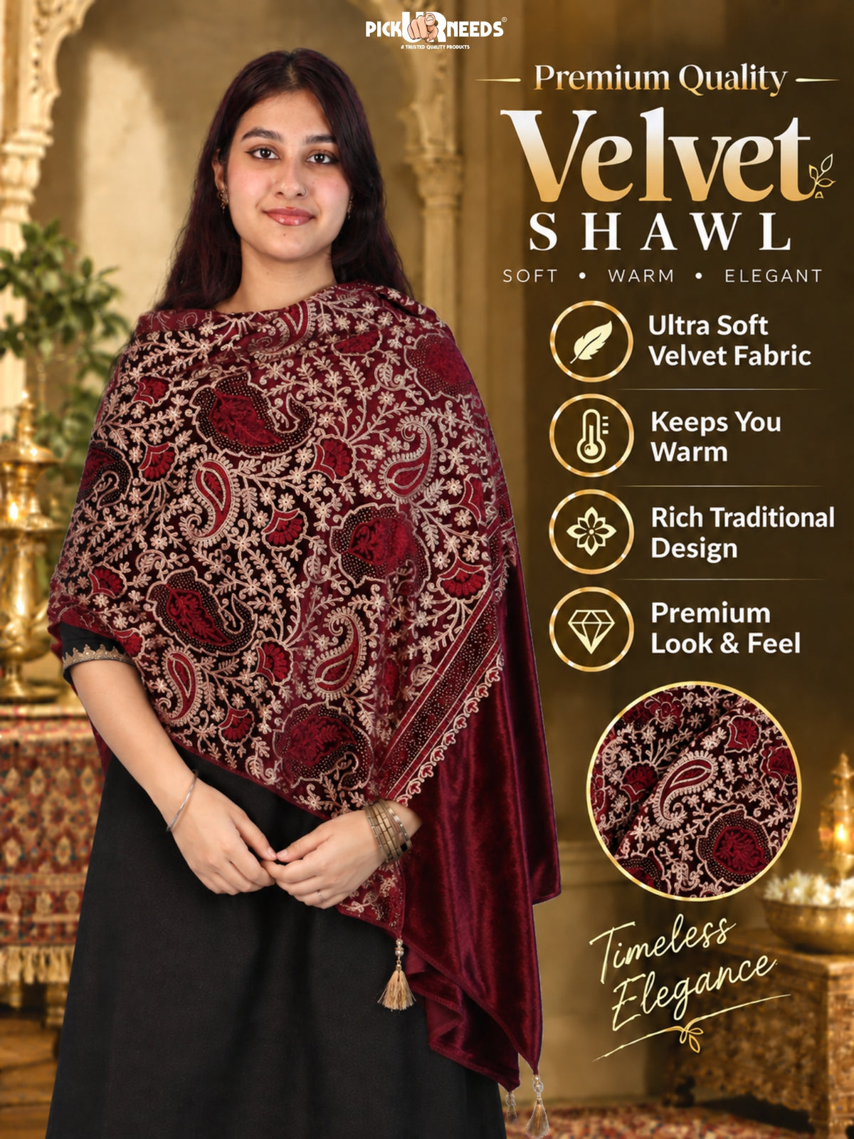 Pick Ur Needs Premium Winter Shawl for Women Ultra Soft & Cozy Warm Velvet Fabric with Rich Traditional Floral Design For Girls