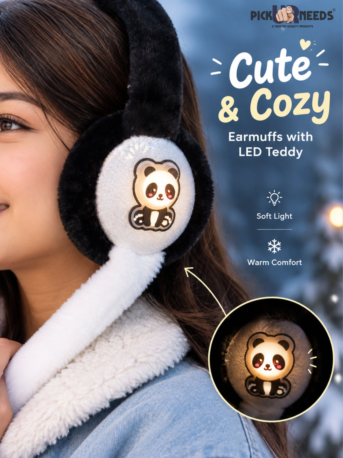 Pick Ur Needs Cute Teddy Earmuffs for Girls & Teenagers Soft Plush Winter Ear Warmers with RGB LED Teddy Face Light