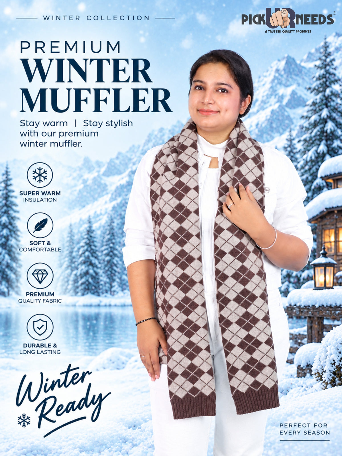 Pick Ur Needs Classic Checkered Woolen Scarf for Winter Warm Muffler Soft, Cozy & Stylish Cold Weather Wrap For Women